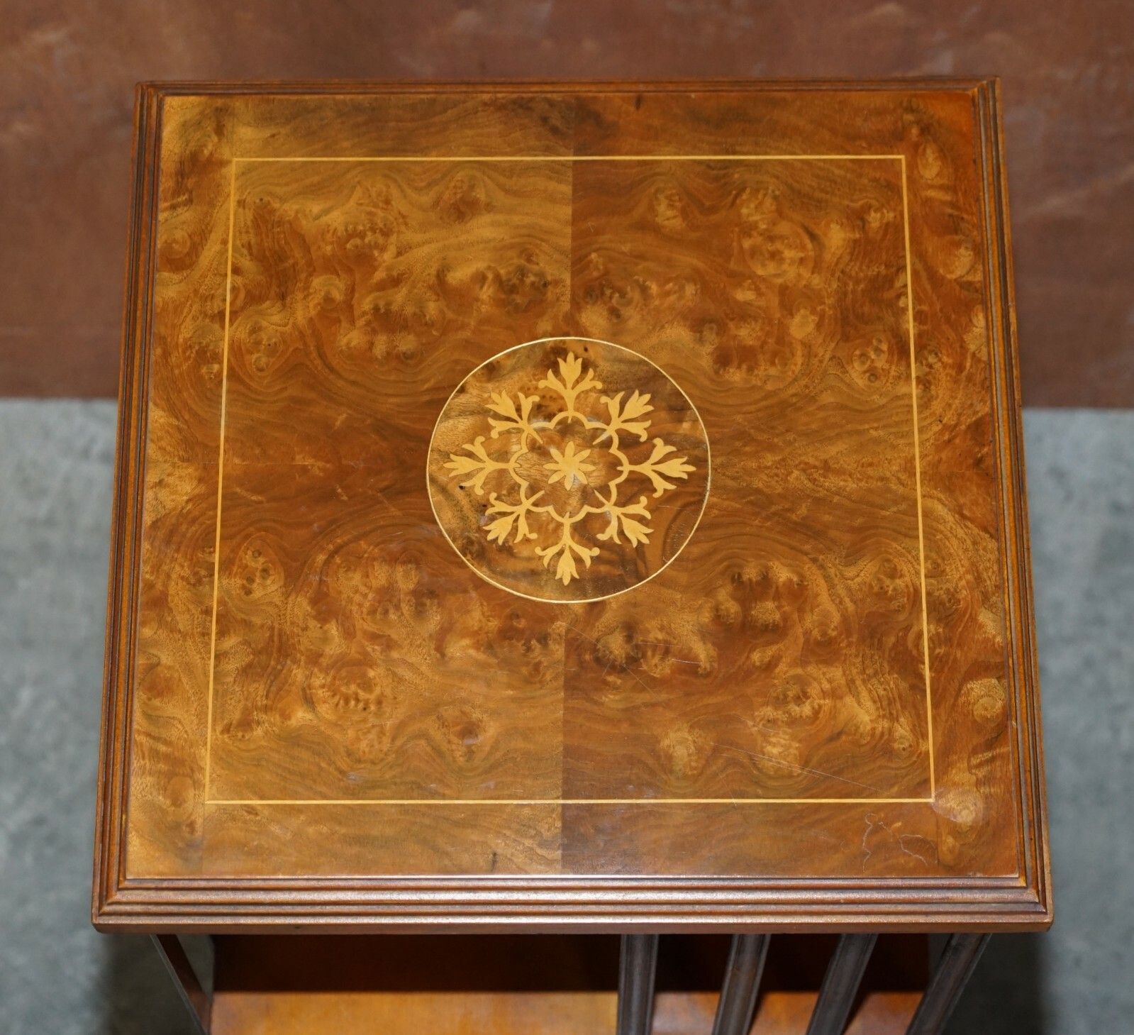 Lovley Sheraton Revival Burr Elm & Satinwood Revolving Bookcase Side End Table photo vintage