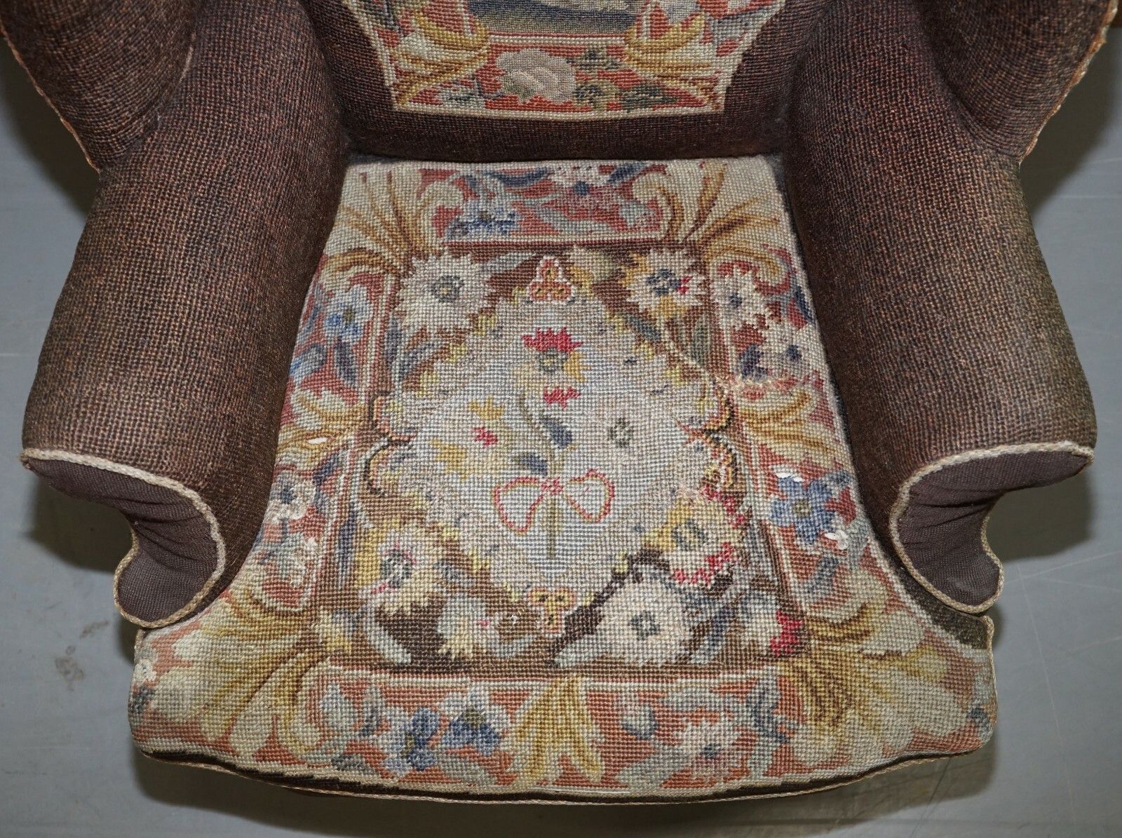 Original Circa 1840 Antique Victorian Wingback Armchair Embroidered Upholstery photo vinterior