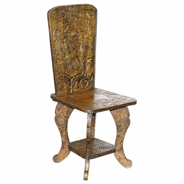 Antique 1905 Original Liberty's London Signed Qing Dynasty Chair Floral Carving