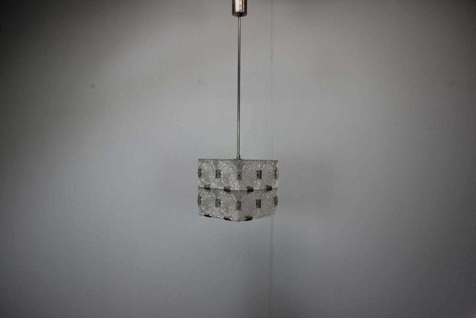 Mid Century Square Clear Glass Pendant By Kamenicky šenov, 1960s, Czechoslovakia photo Lighting