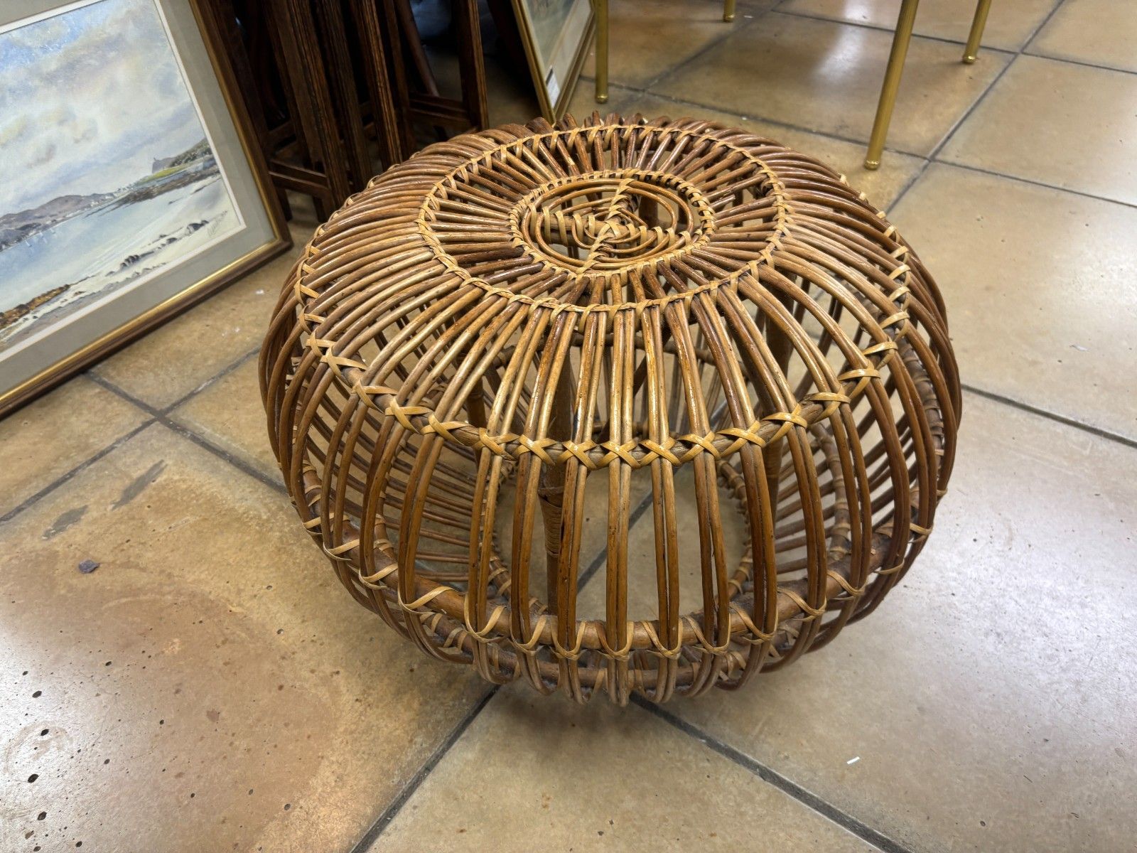 Mid Century Franco Albini Lobster Pot Rattan Footstool photo vinterior