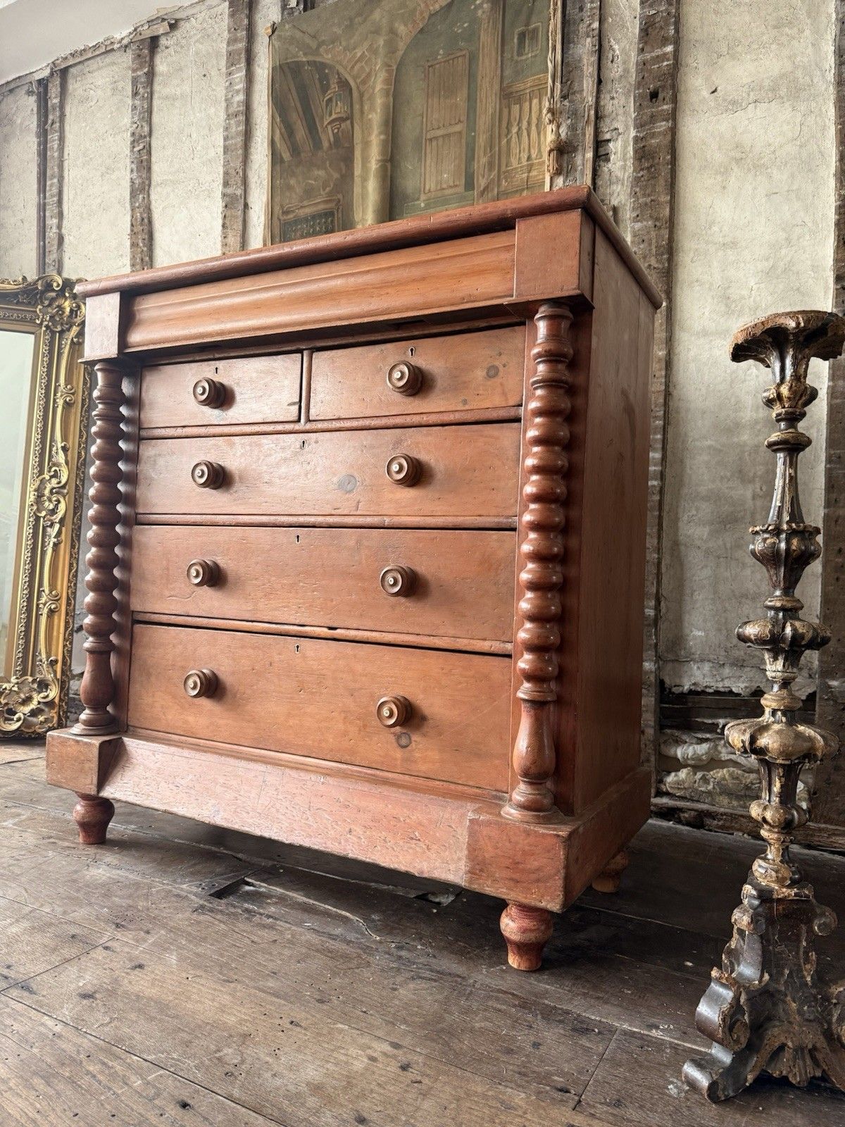 Scottish Original Antique Pine Barley Twisted Rustic Chest Of Drawers C1840 photo 899.0