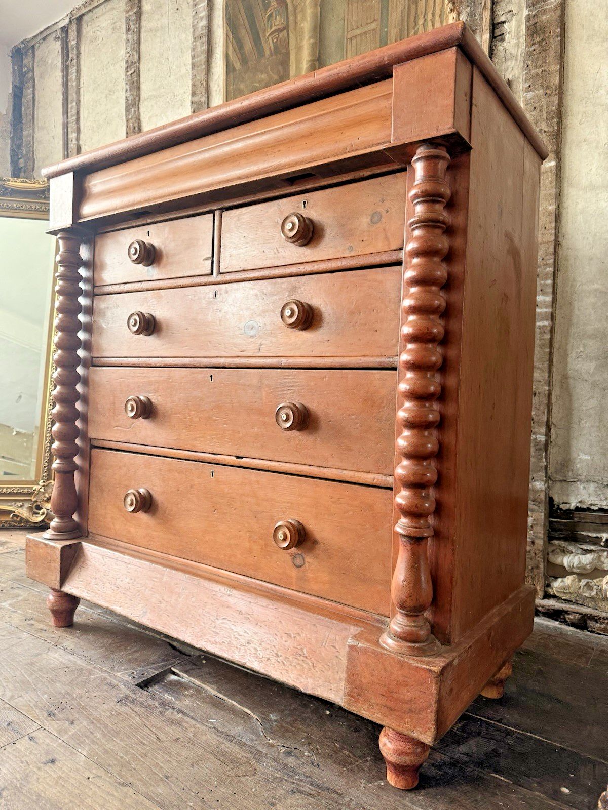 Scottish Original Antique Pine Barley Twisted Rustic Chest Of Drawers C1840 photo vinterior