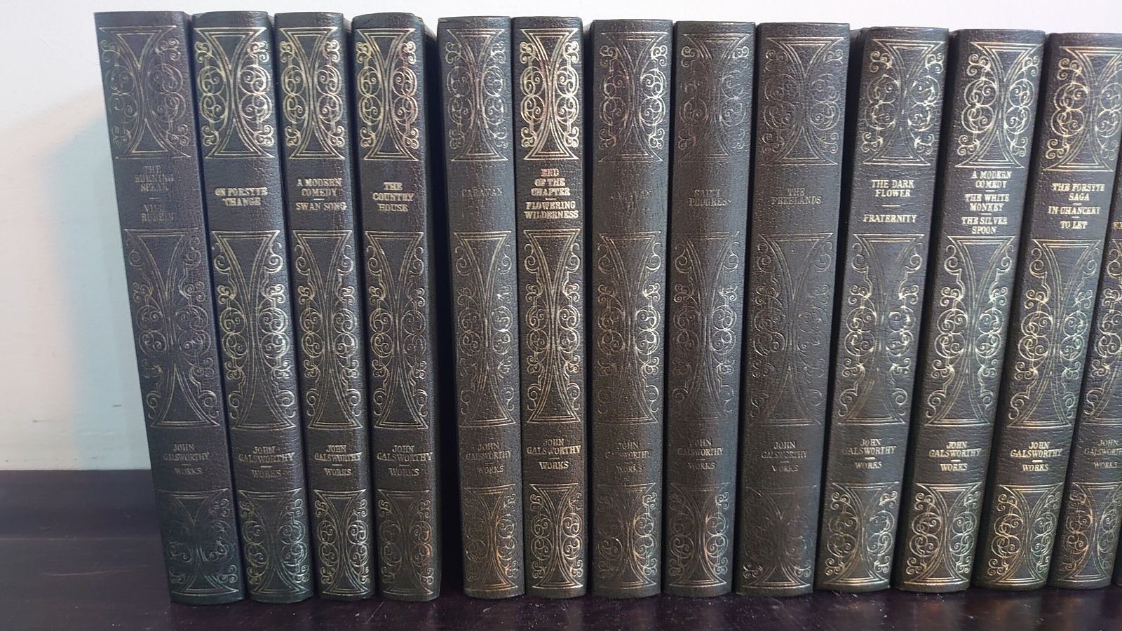 Complete Works Of John Galsworthy   All 20 Heron Series Editions   Green Leather And Gilt   Good To Very Good Condition   1968 Edition photo Home Decor