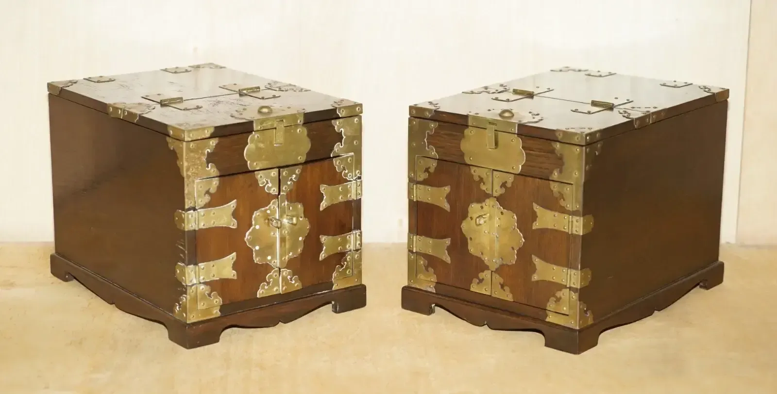 Pair Of Antique Chinese Table Top Vanity Jewellery Box Cabinets Folding Mirrors photo for sale