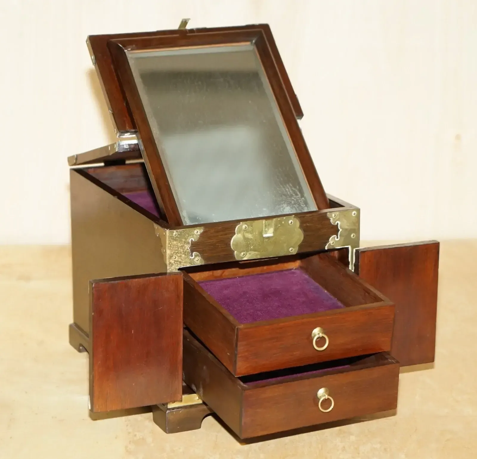 Pair Of Antique Chinese Table Top Vanity Jewellery Box Cabinets Folding Mirrors photo buy