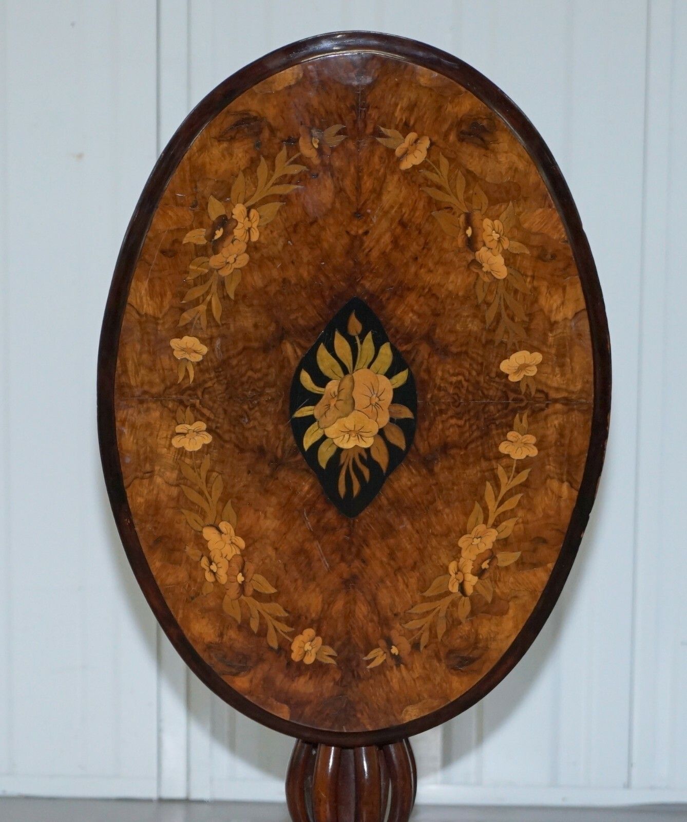 Victorian Walnut & Marquetry Inlaid Tilt Top Oval Side Table Bulbous Pedestal photo furniture