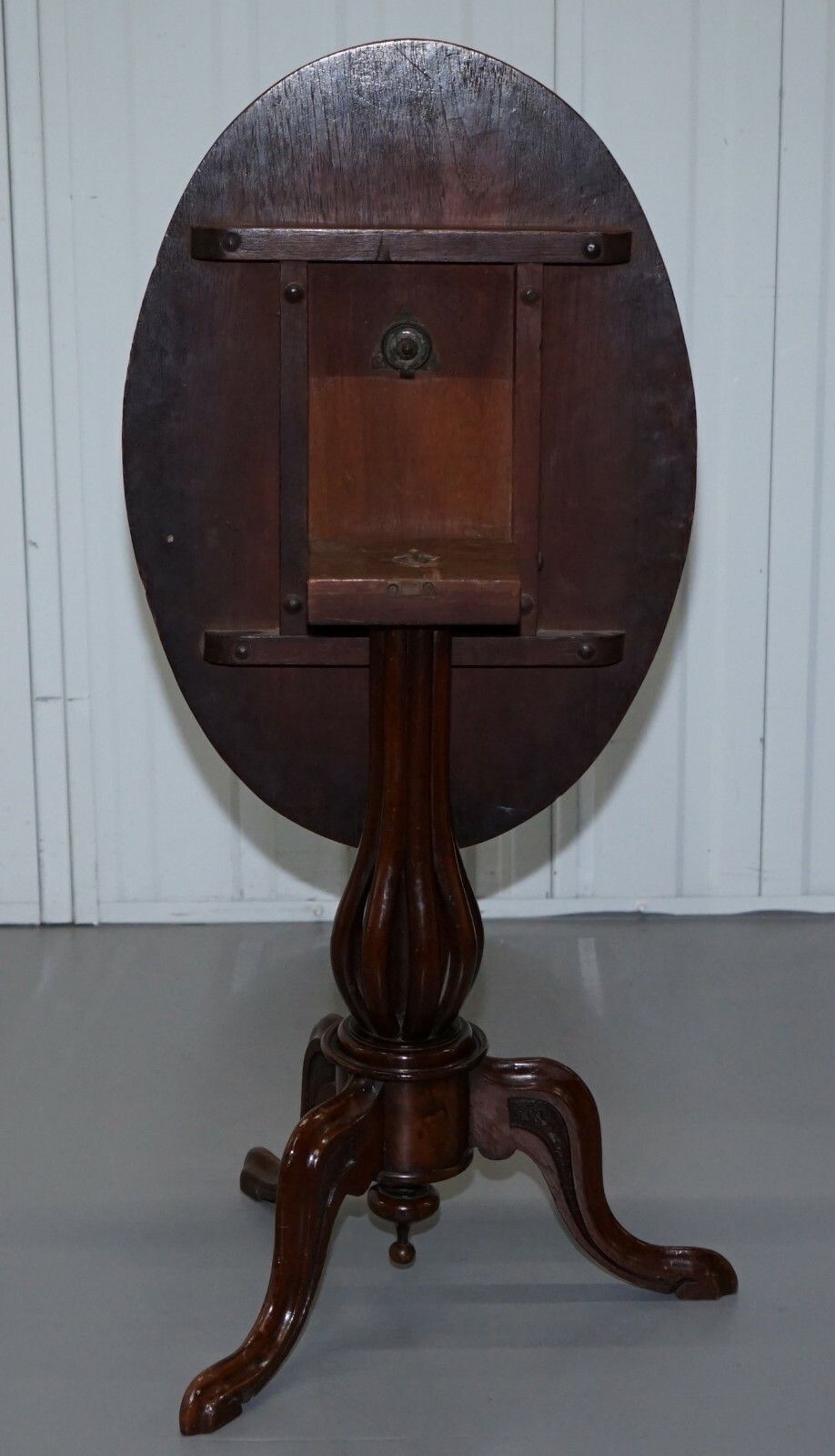 Victorian Walnut & Marquetry Inlaid Tilt Top Oval Side Table Bulbous Pedestal photo for sale