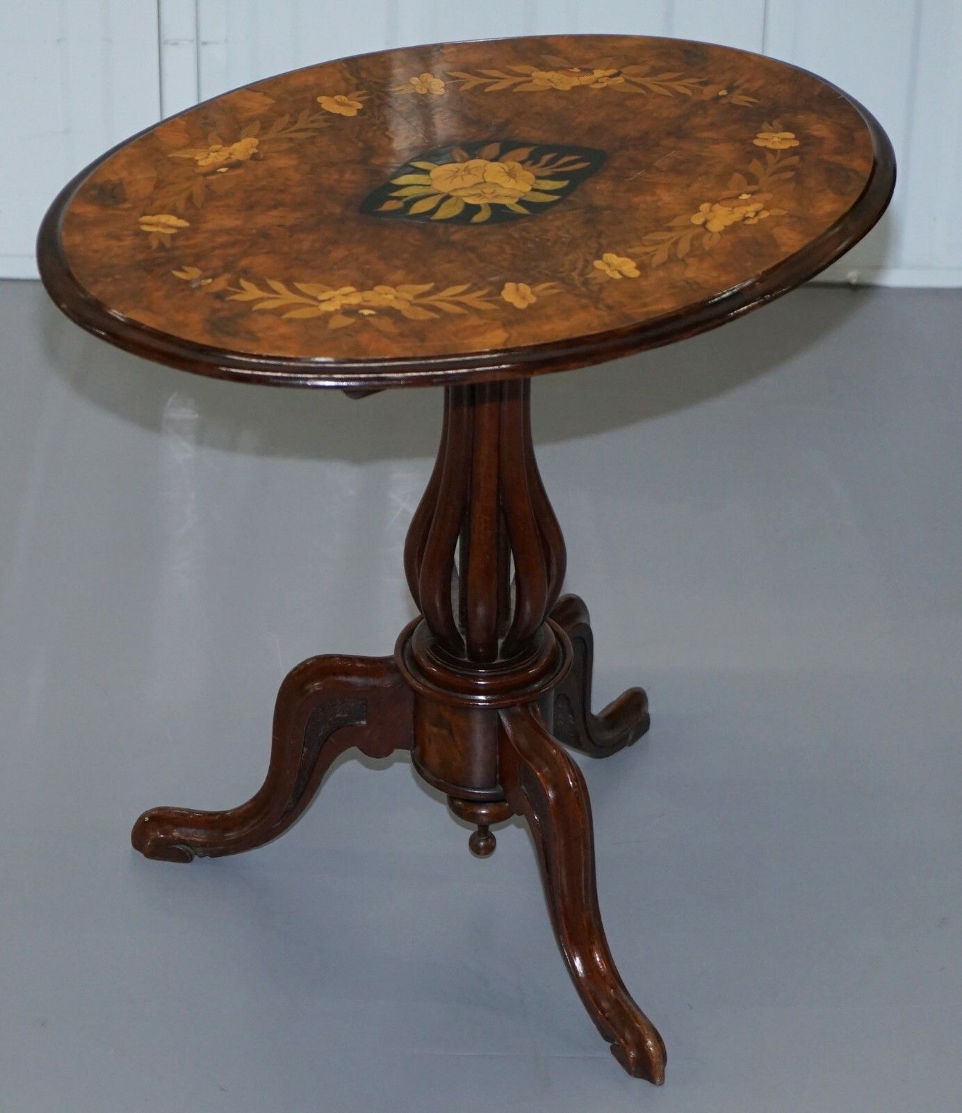 Victorian Walnut & Marquetry Inlaid Tilt Top Oval Side Table Bulbous Pedestal photo Furniture