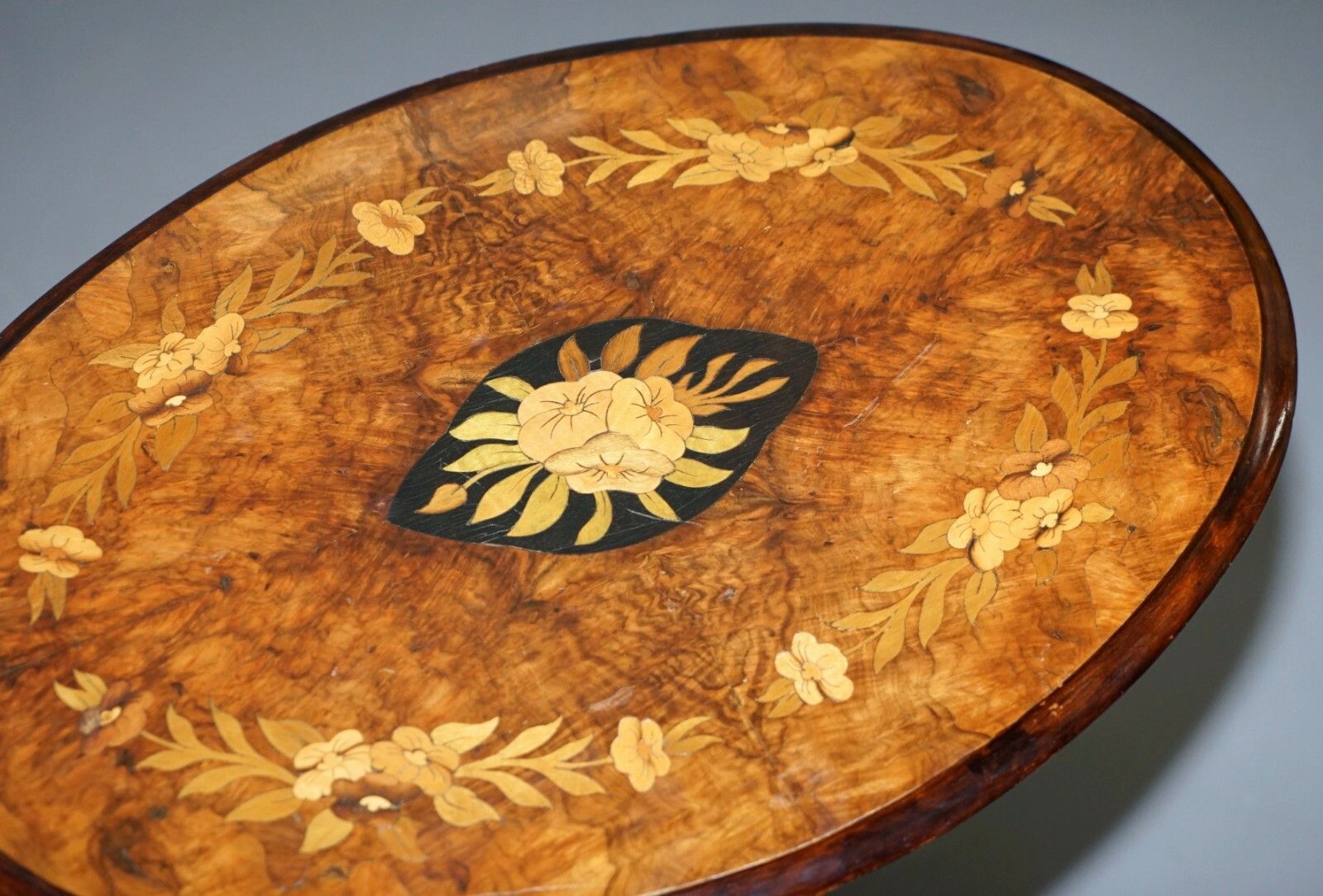 photo furniture Victorian Walnut & Marquetry Inlaid Tilt Top Oval Side Table Bulbous Pedestal
