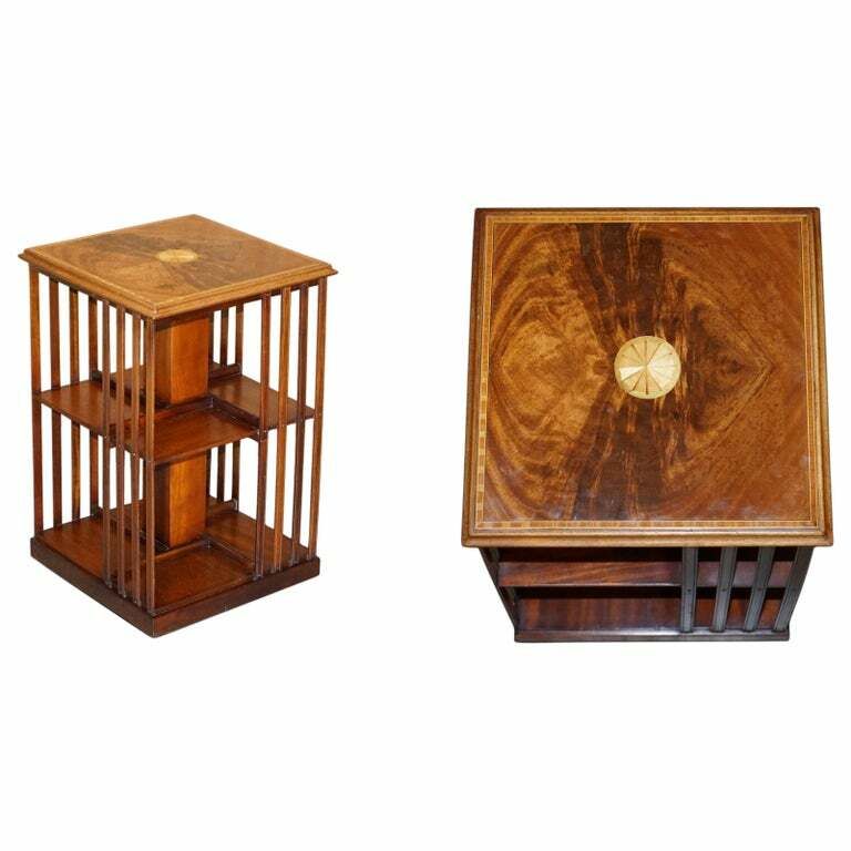 Antique Sheraton Revival Mahogany & Satinwood Revolving Bookcase Side End Table