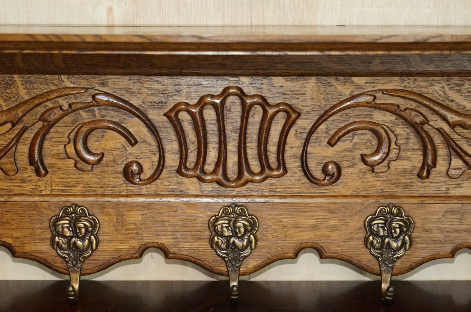 Antique Dutch Heavily Carved Oak Coat Hat Scarf Wall Rack Hanger Romantic Hooks photo 1350.0