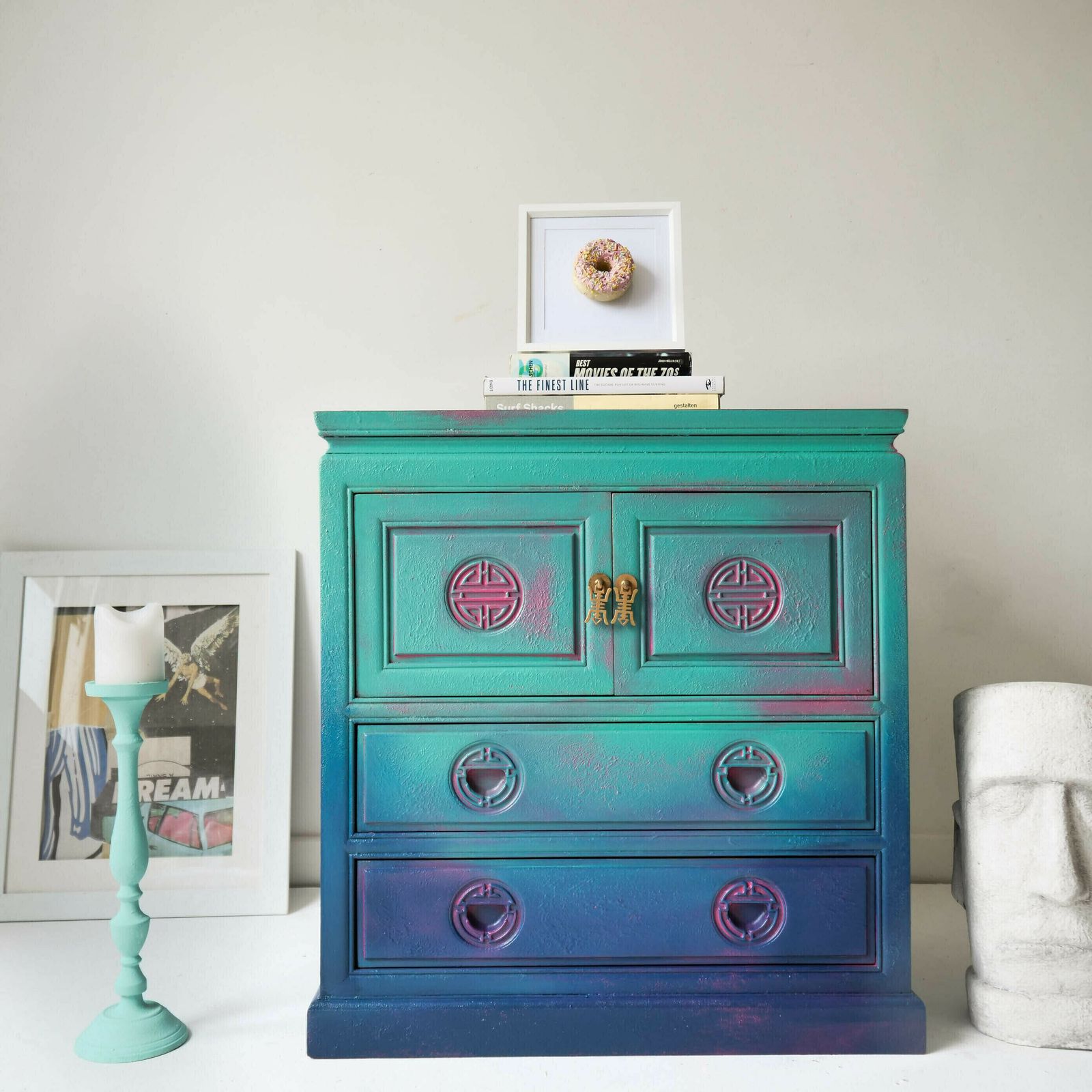 Bohemian Tv Stand Cabinet  Hand Painted  Livingroom Furniture Bedroom  Blue  Green  Pink  Bespoke  Peacock  Teal Boho
