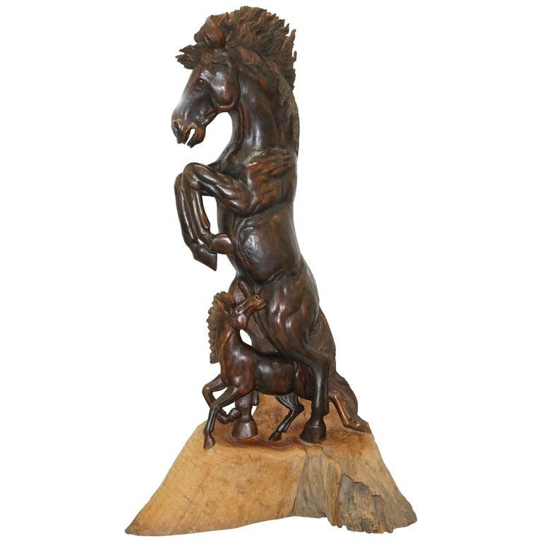 Stunning 160cm Tall Hand Carved Sculpture Of Rearing Horse And Foal Must See!