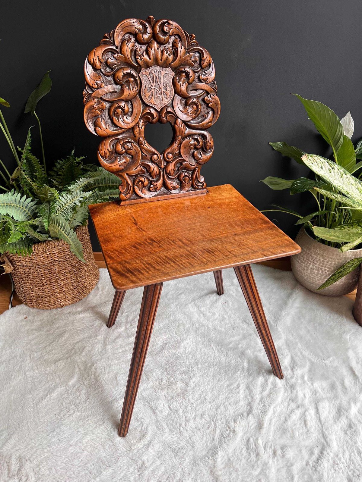 Antique Swiss Hand Carved Tyrolean Chair | Castle Core Folk Art Escabelle | Medieval Dark Academia Furniture | Elegant Halloween Decor photo furniture