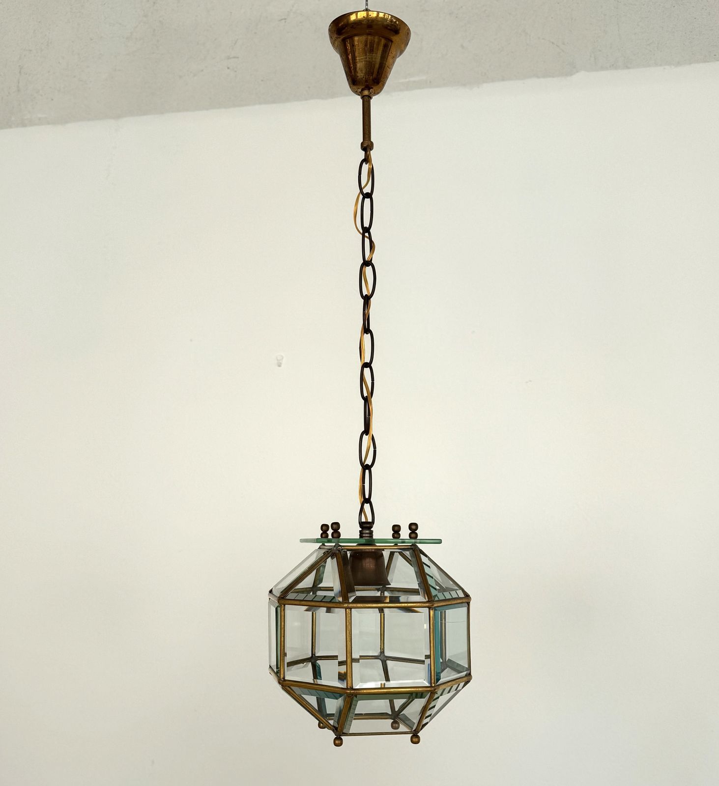 Italian Midcentury Brass And Cut Glass Lantern Or Pendant Lamp, 1960s photo Lighting