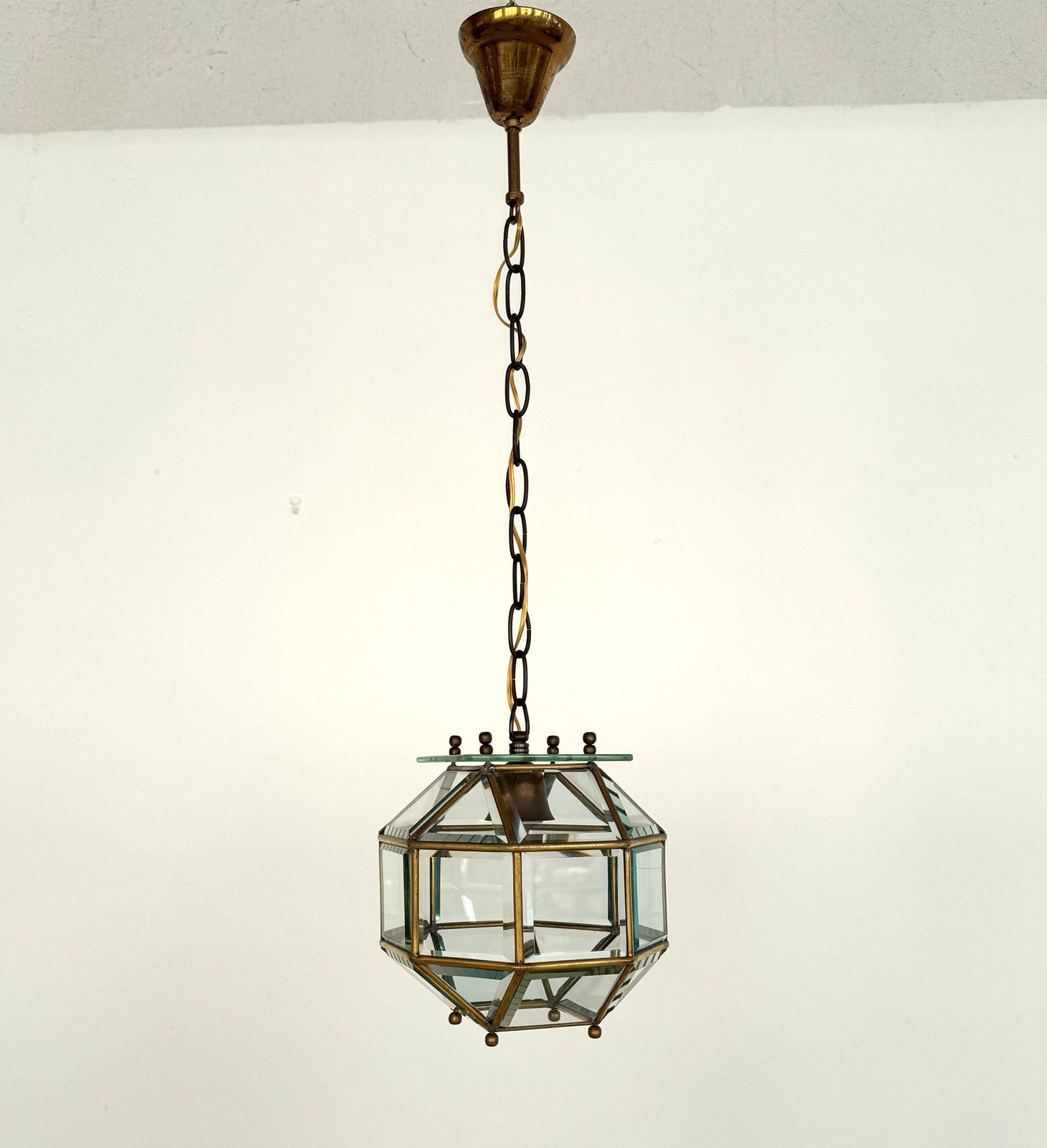 Lighting Italian Midcentury Brass And Cut Glass Lantern Or Pendant Lamp, 1960s photo