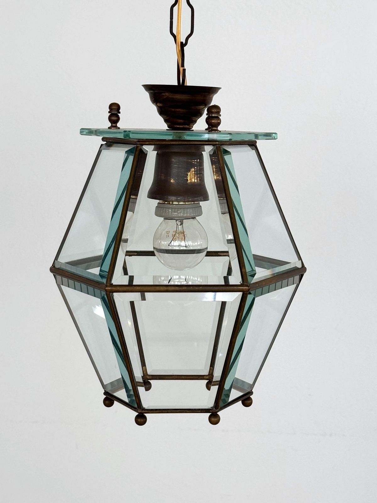 Italian Midcentury Brass And Cut Glass Lantern Or Pendant Lamp, 1960s photo vinterior