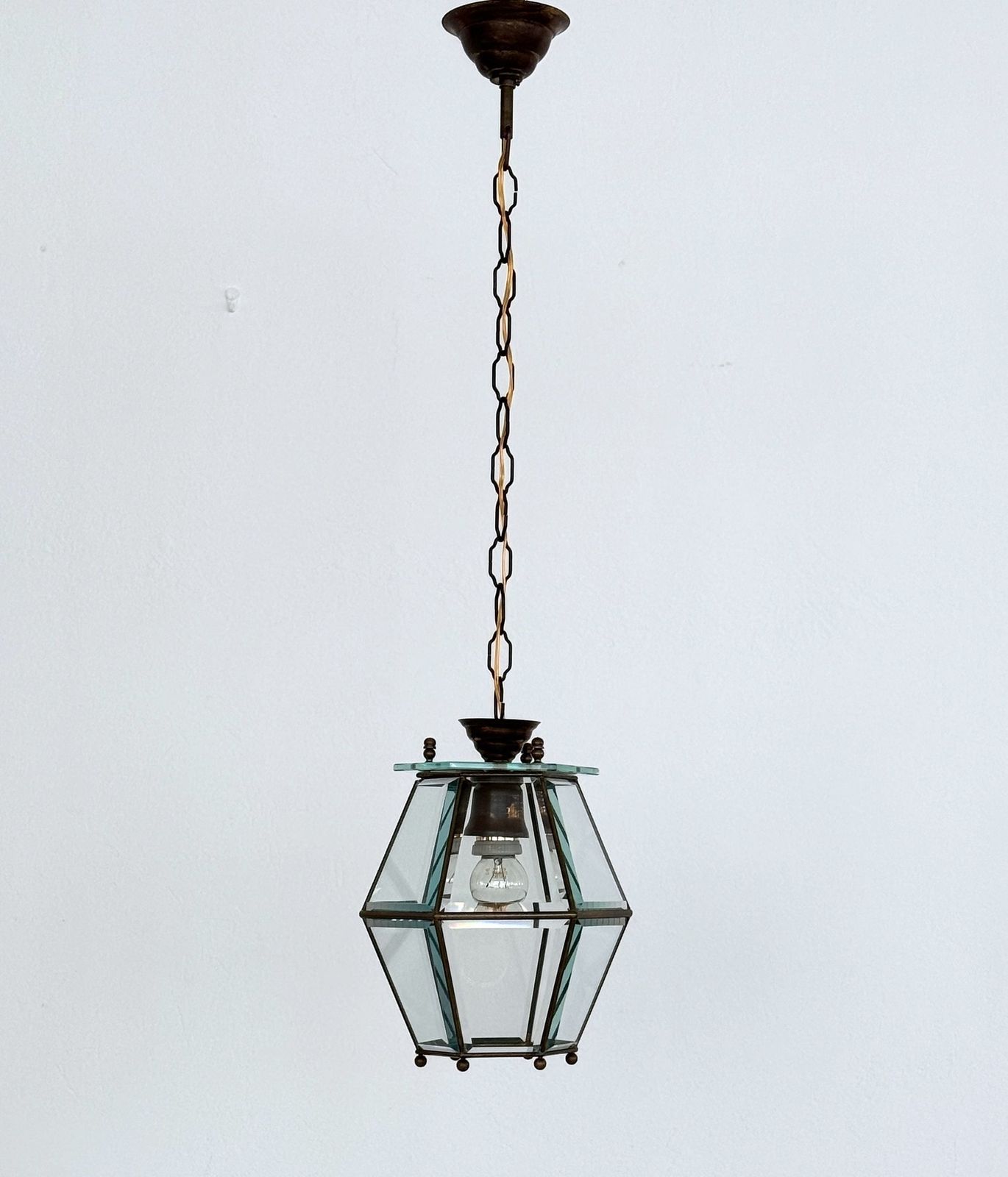 Lighting Italian Midcentury Brass And Cut Glass Lantern Or Pendant Lamp, 1960s photo