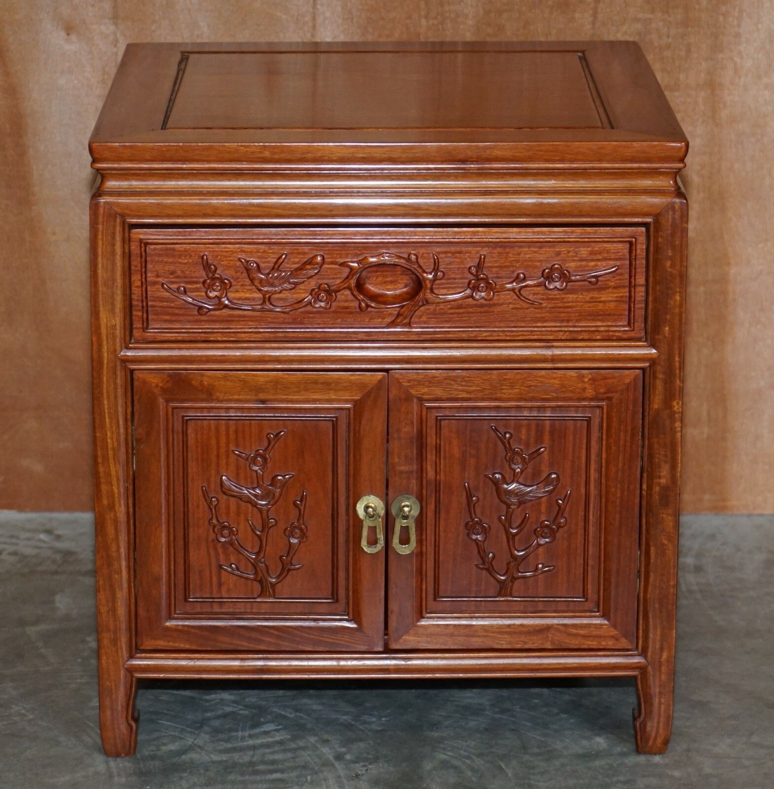 Pair Of Oriental Teak Side End Lamp Wine Tables Drawers With Birds & Flowers photo for sale