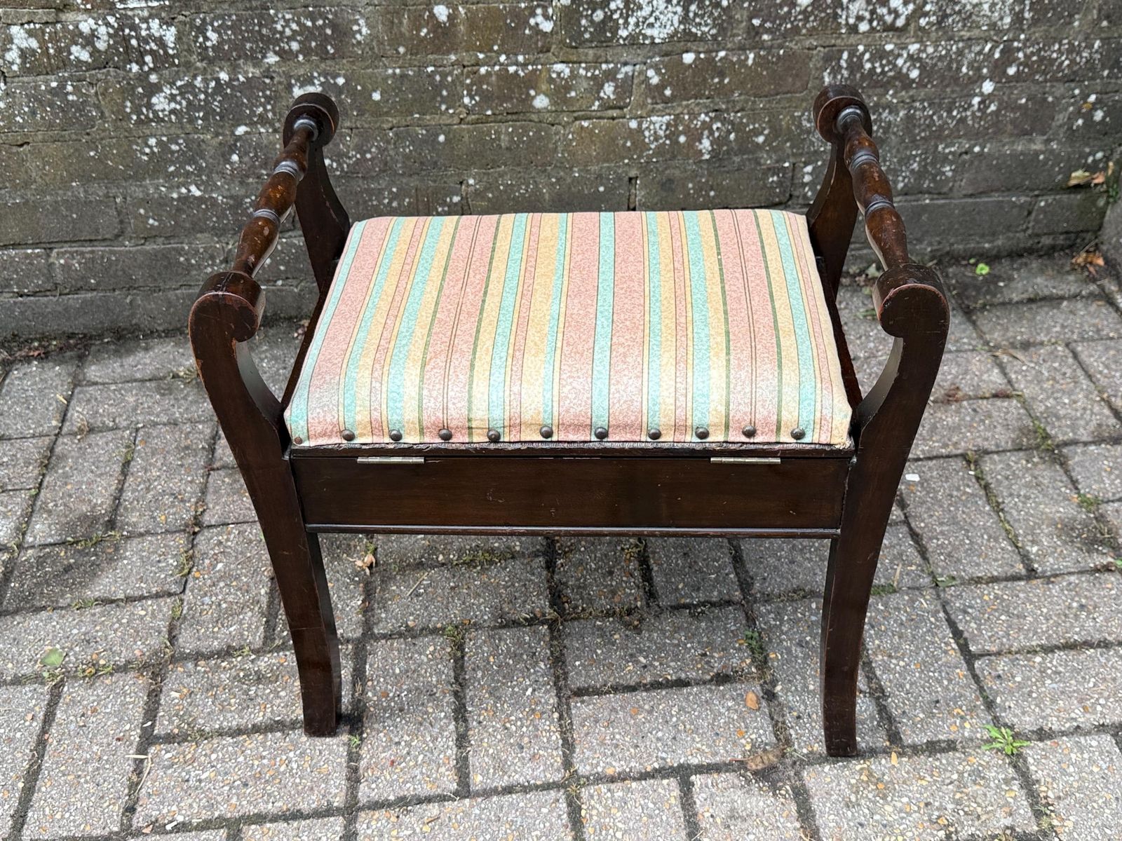 Vintage Wooden Storage Stool – Regency Revival Style With Striped Upholstered Seat – Decorative Lift Top Sewing Box Seat
