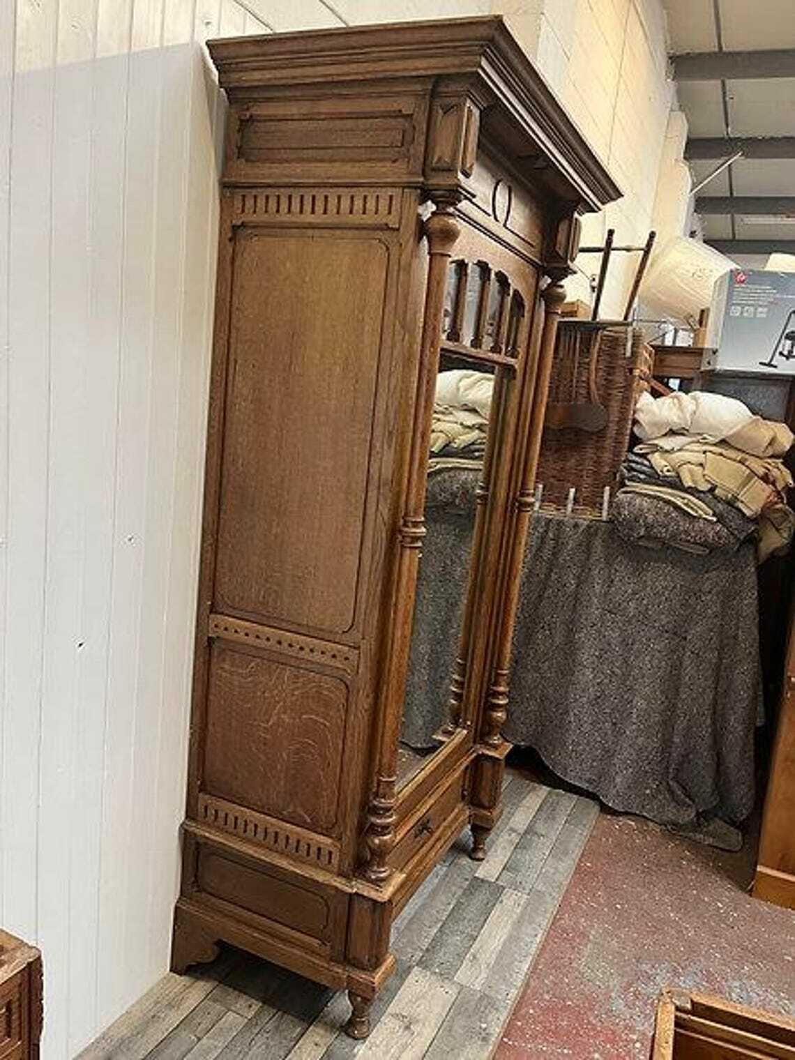 Antique 19th Century French Louis XV Oak Mirrored Armoire/Wardrobe With Drawers photo vintage