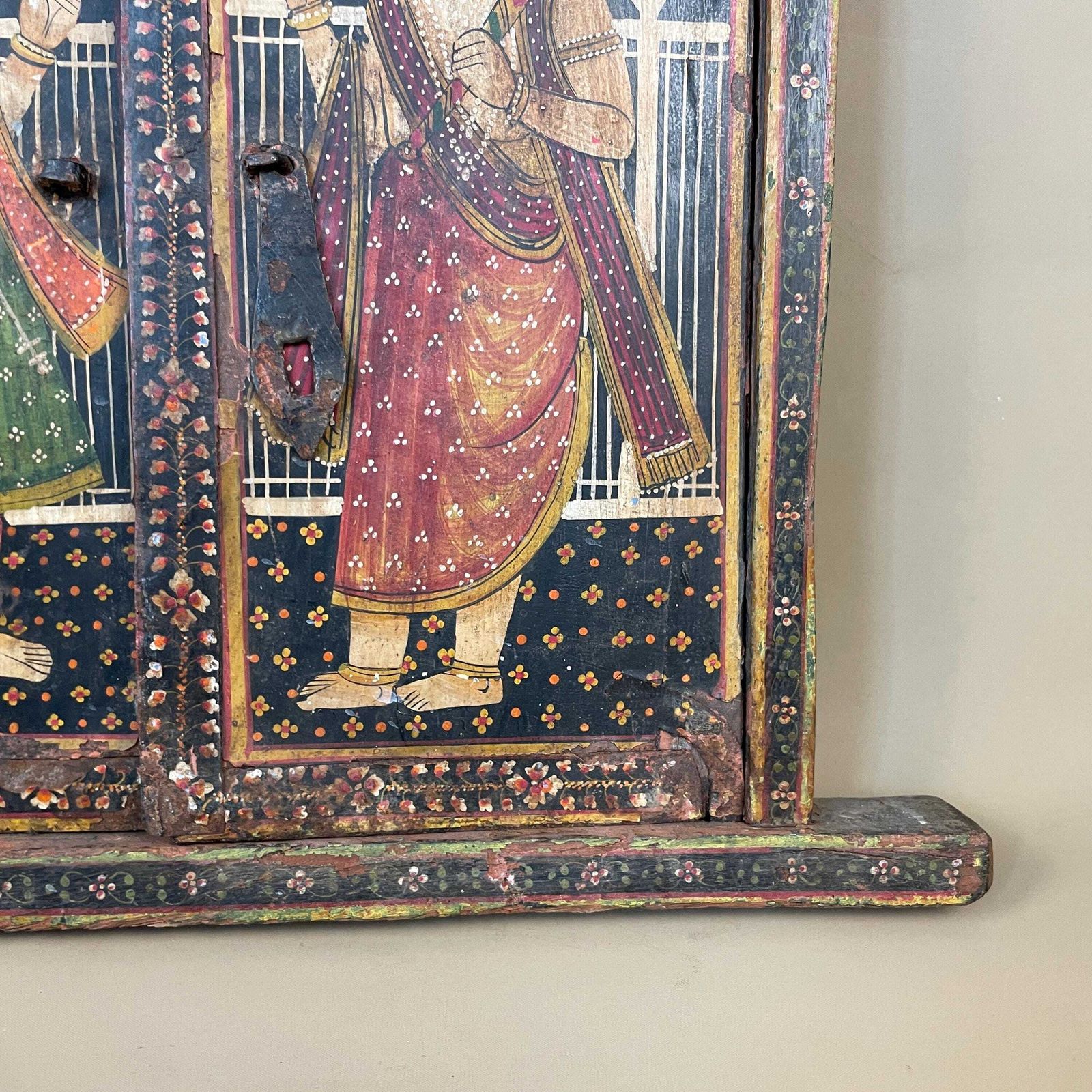 Indian Radha Krishna Bikaner Window Hand Painted Decorative Artwork Wooden Traditional Hindu Mythology Shutters Rustic Antique photo Home Fixtures