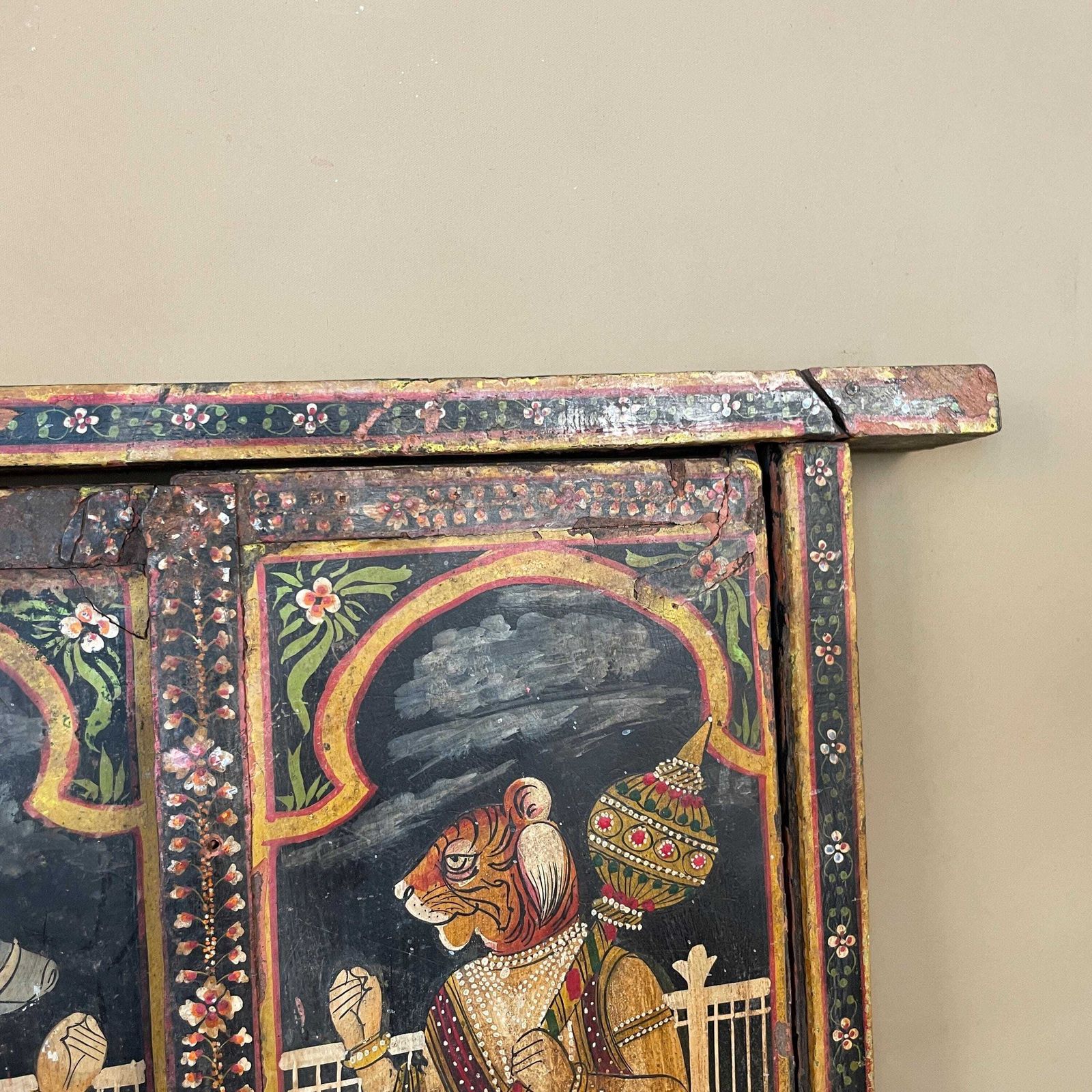 Indian Radha Krishna Bikaner Window Hand Painted Decorative Artwork Wooden Traditional Hindu Mythology Shutters Rustic Antique photo vinterior