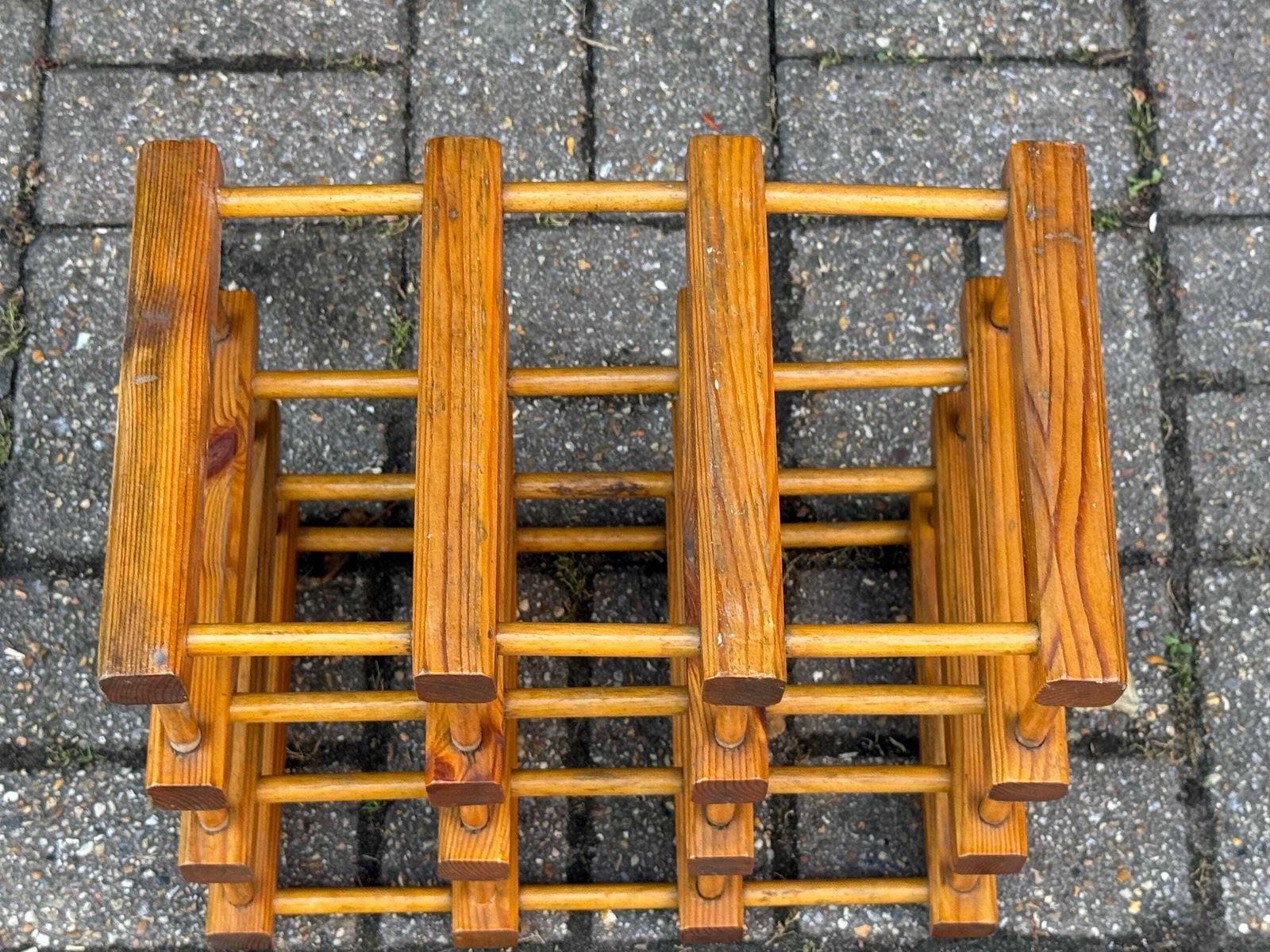 Vintage 1970s Pine Wine Rack – Rustic 9 Bottle Wooden Storage Holder – Retro Mid Century Kitchen Or Home Bar Decor photo for sale