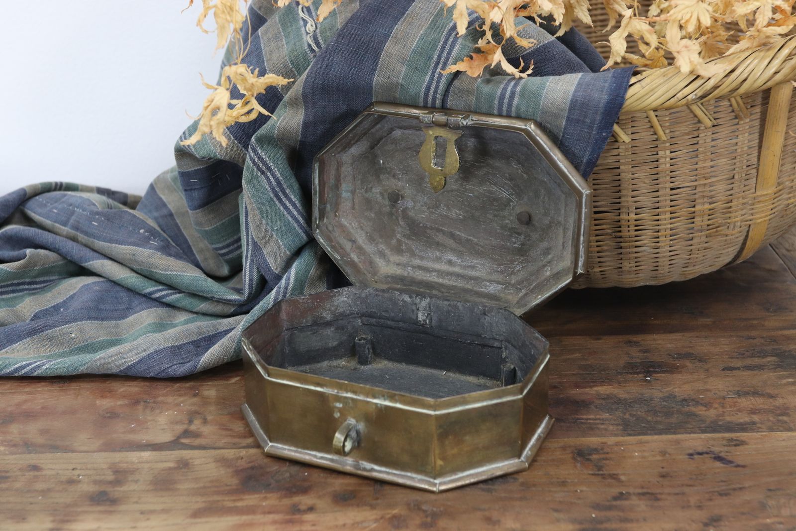 19th Century Indian Brass Betel Nut Box With Carved Inscription photo vintage