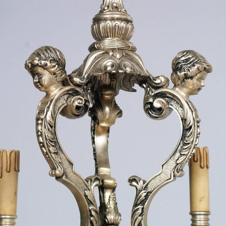 Antique Six Lights Silver Plated Heavy Bronze Chandelier Baroque Louis XIV, 1890 photo Lighting