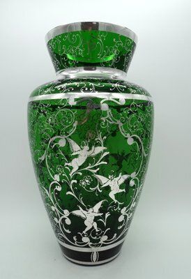 Large Venetian Emerald Green Glass Vase With Silver Overlay Decorations, 1930s