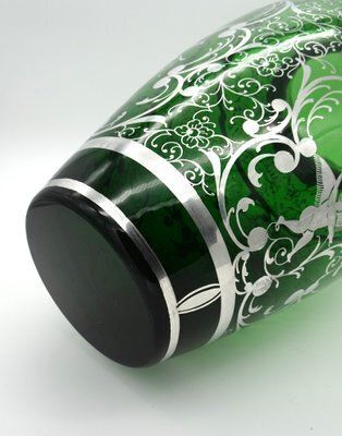 Large Venetian Emerald Green Glass Vase With Silver Overlay Decorations, 1930s photo buy