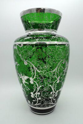 Home Decor Large Venetian Emerald Green Glass Vase With Silver Overlay Decorations, 1930s photo