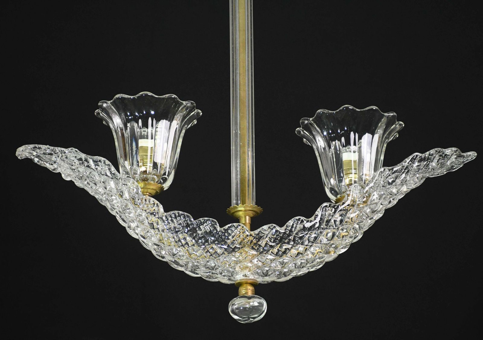 Elegant 2 Cup Barovier Art Deco Chandelier, Murano Glass, Brass Structure 1940s photo vinterior