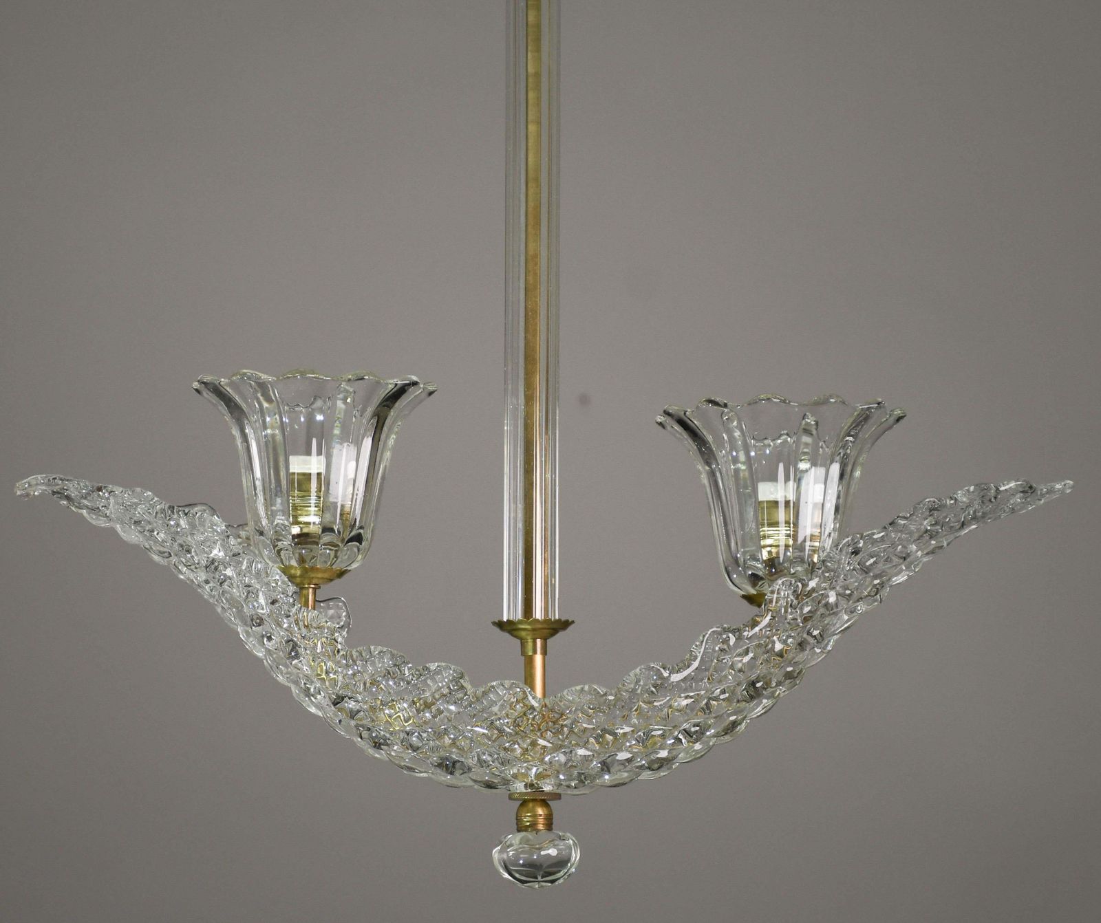 photo for sale Elegant 2 Cup Barovier Art Deco Chandelier, Murano Glass, Brass Structure 1940s