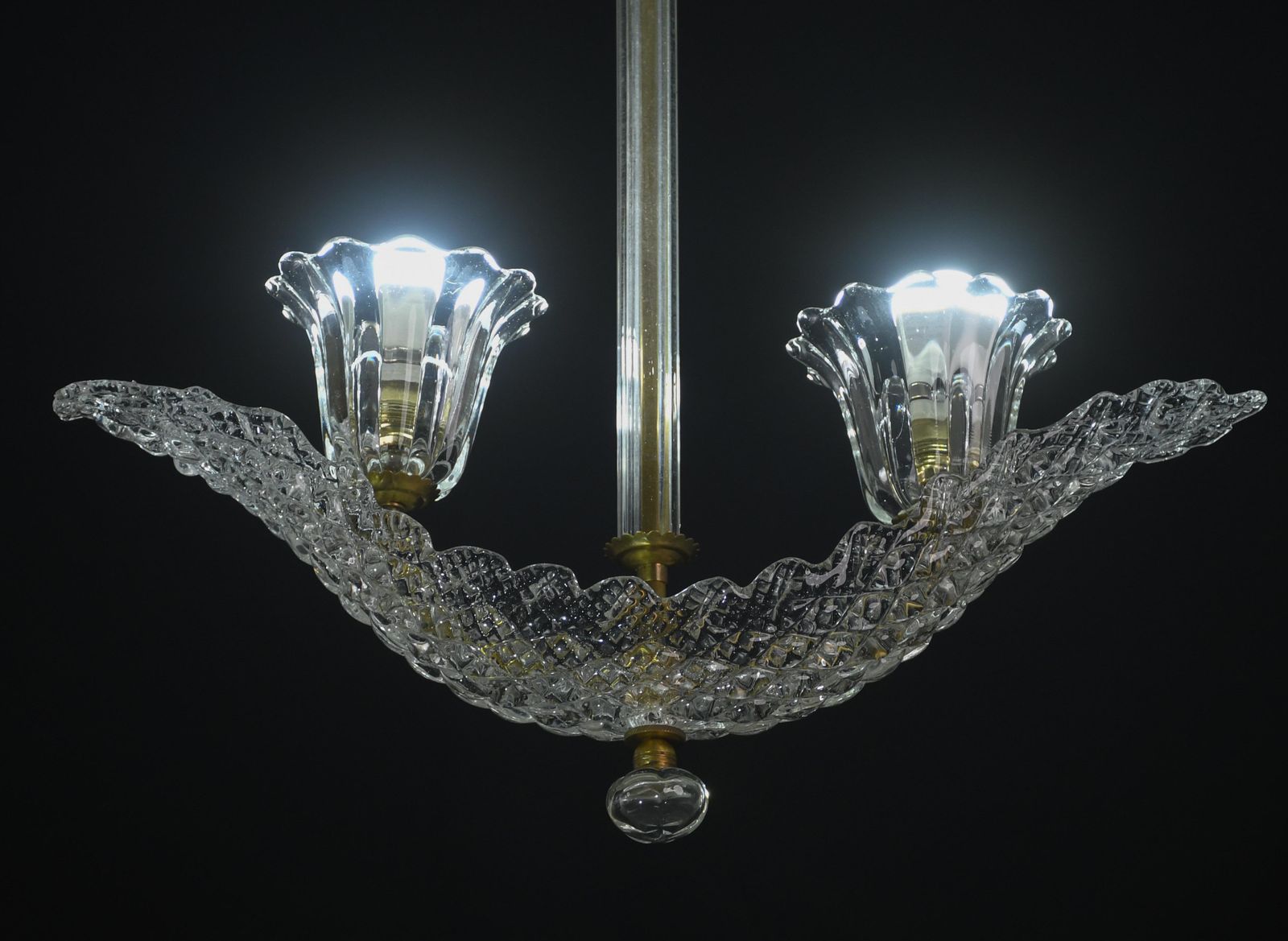 2210.0 Elegant 2 Cup Barovier Art Deco Chandelier, Murano Glass, Brass Structure 1940s photo