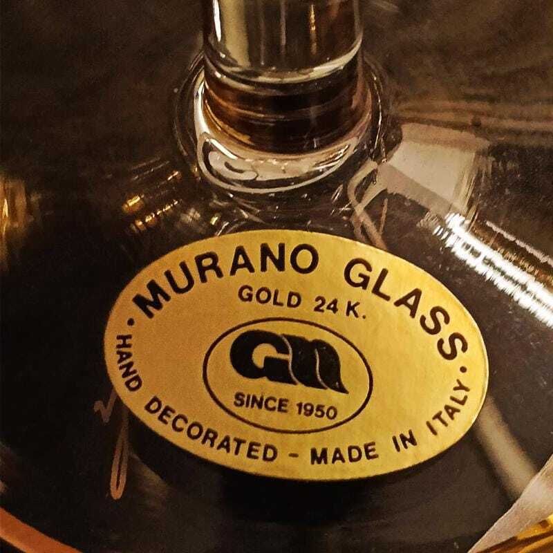 photo for sale Vintage Stunning Set With 6 Glasses And A Tray In Murano Glass With Hand Decorated 24k Gold Finishes By Gn Murano.