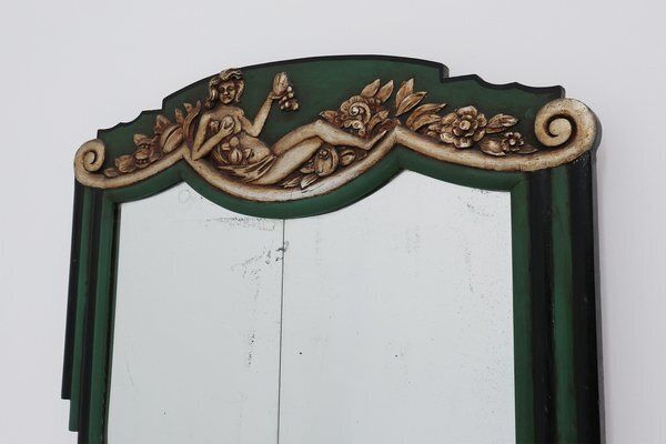 Art Deco French Mirror In Green Carved Wood, 1930s photo vintage