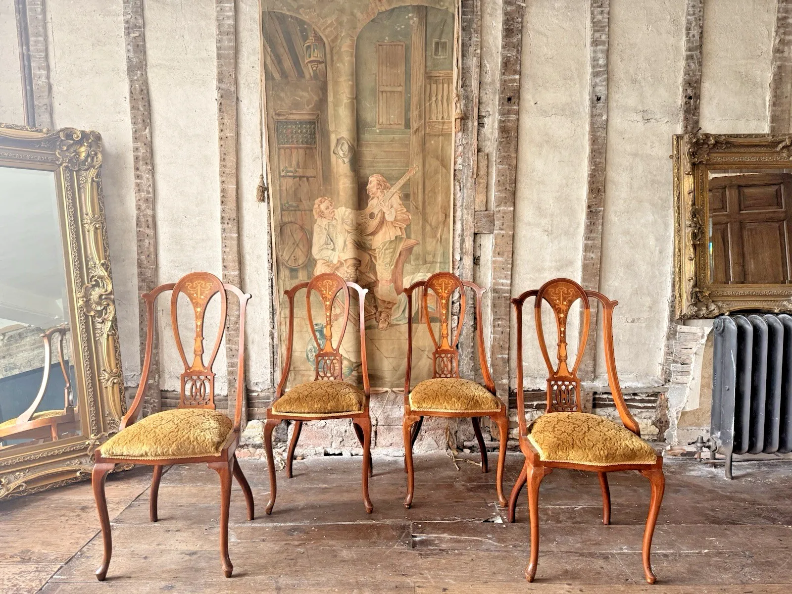 Quality Antique Set 4 Edwardian Rich Gold  Inlaid Mahogany Dining Chairs C 1900 photo furniture