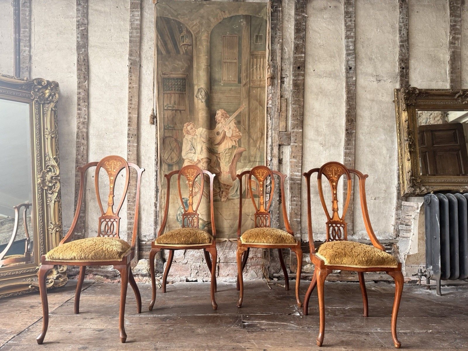 Quality Antique Set 4 Edwardian Rich Gold  Inlaid Mahogany Dining Chairs C 1900 photo for sale