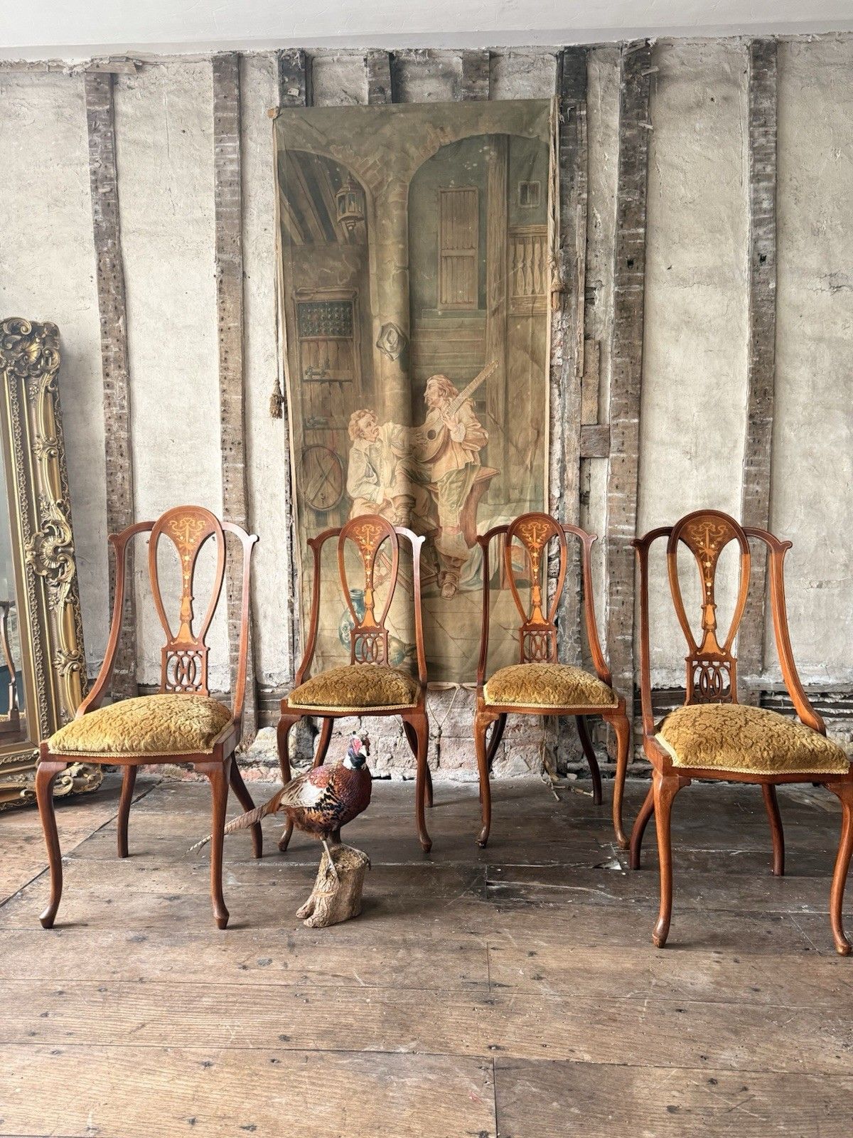 Quality Antique Set 4 Edwardian Rich Gold  Inlaid Mahogany Dining Chairs C 1900 photo buy