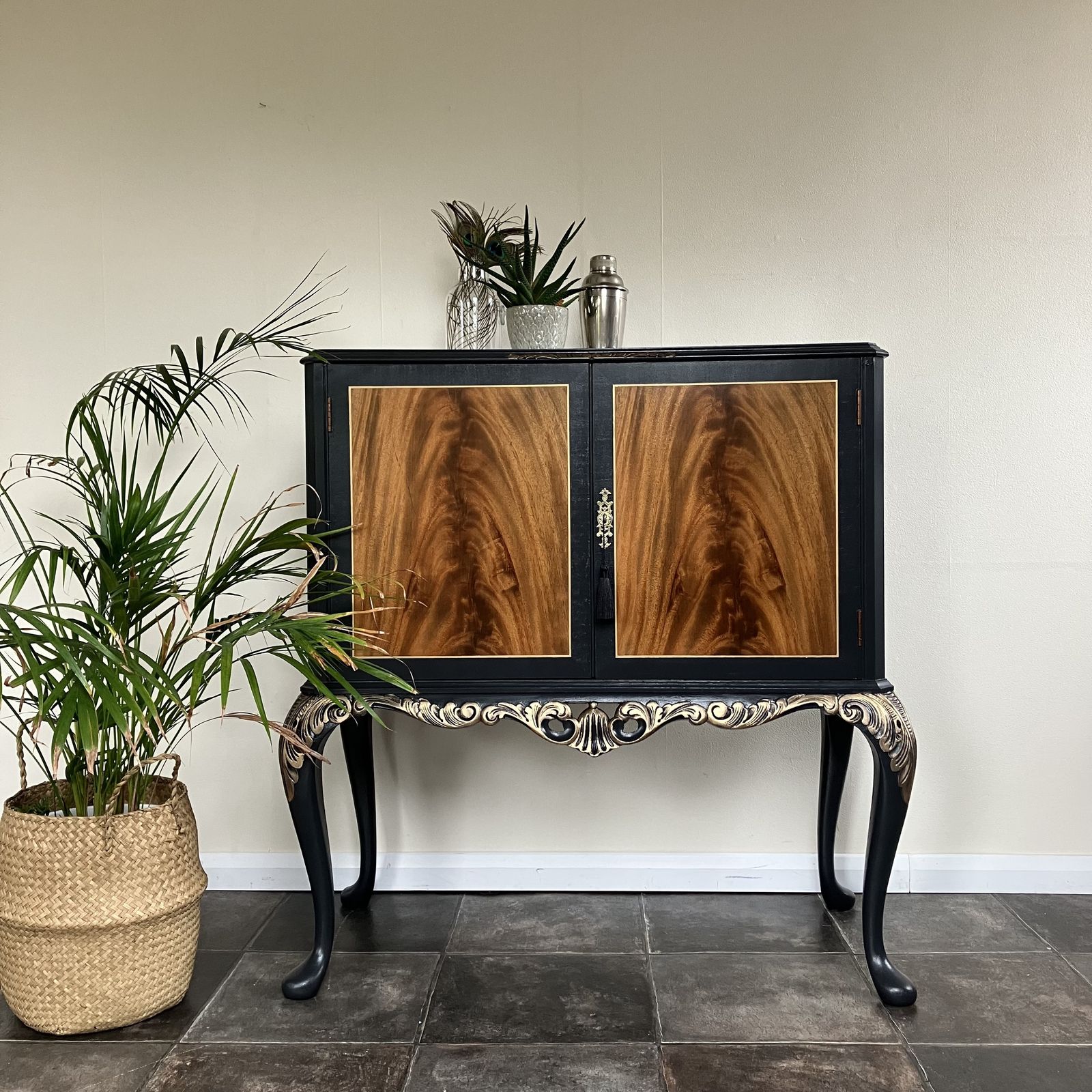 Vintage Painted Black Flame Mahogany Mirrored Cocktail  Cabinet On Carved Queen Anne Legs In Farrow And Ball Off Black photo for sale