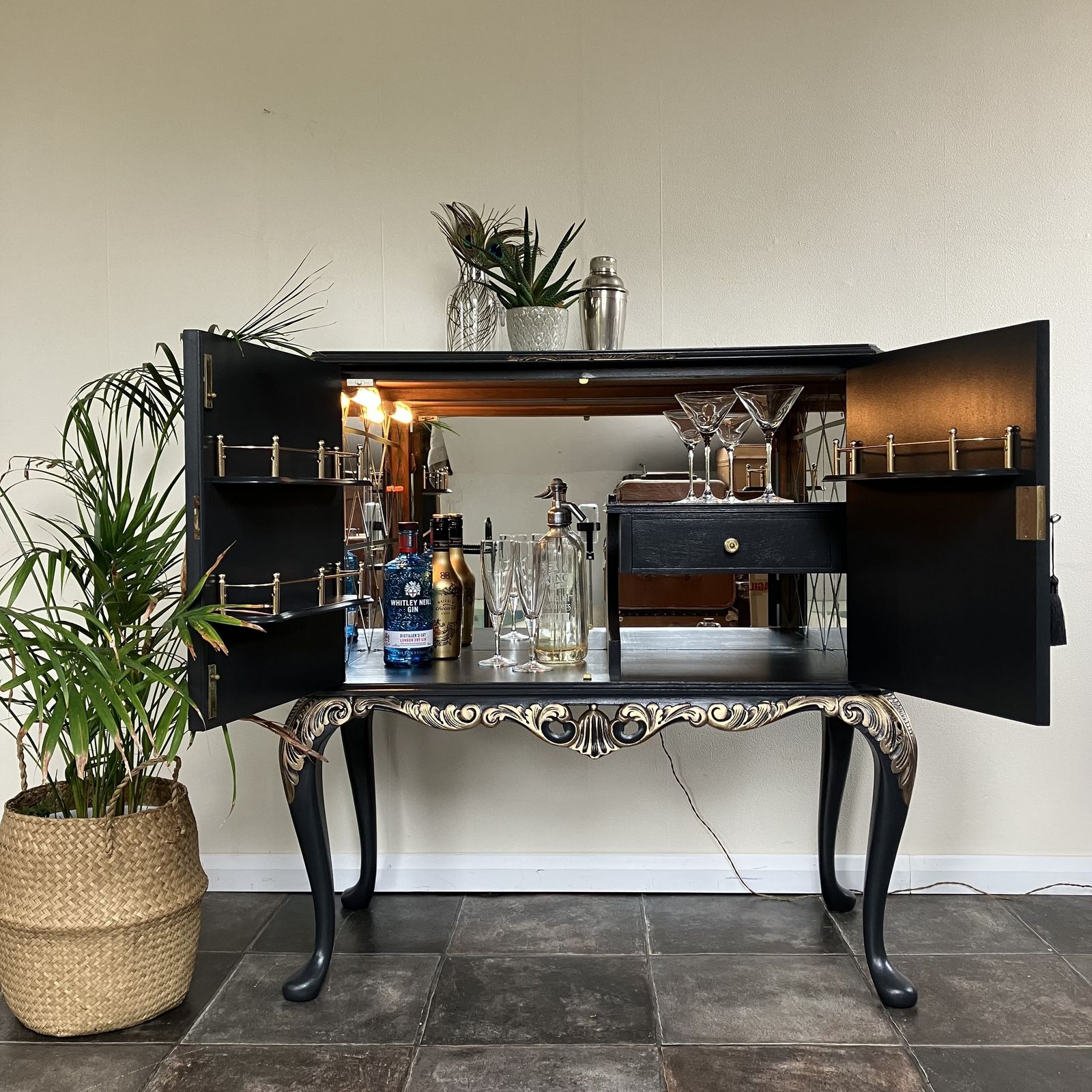 photo furniture Vintage Painted Black Flame Mahogany Mirrored Cocktail  Cabinet On Carved Queen Anne Legs In Farrow And Ball Off Black