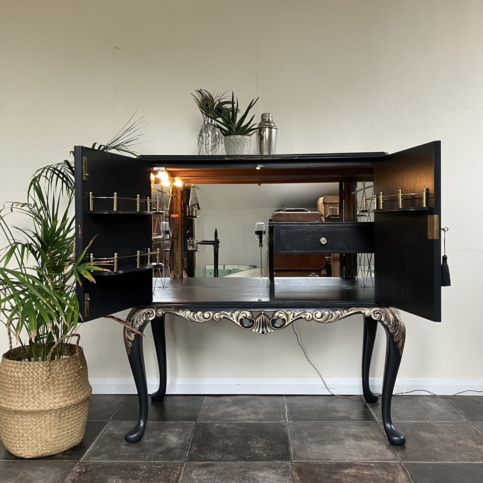 photo buy Vintage Painted Black Flame Mahogany Mirrored Cocktail  Cabinet On Carved Queen Anne Legs In Farrow And Ball Off Black