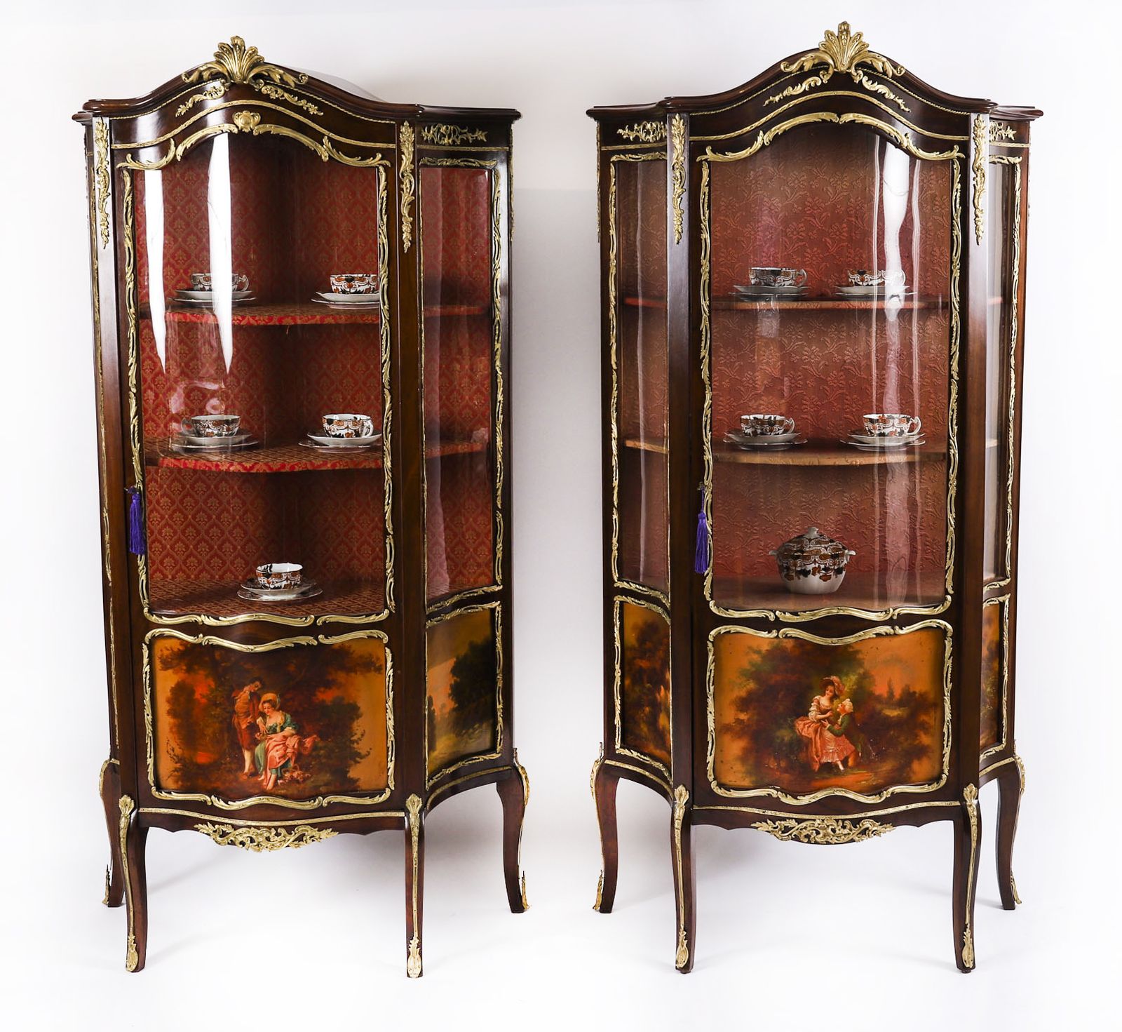 Antique Pair French Vernis Martin Vitrine Display Cabinets  19th C