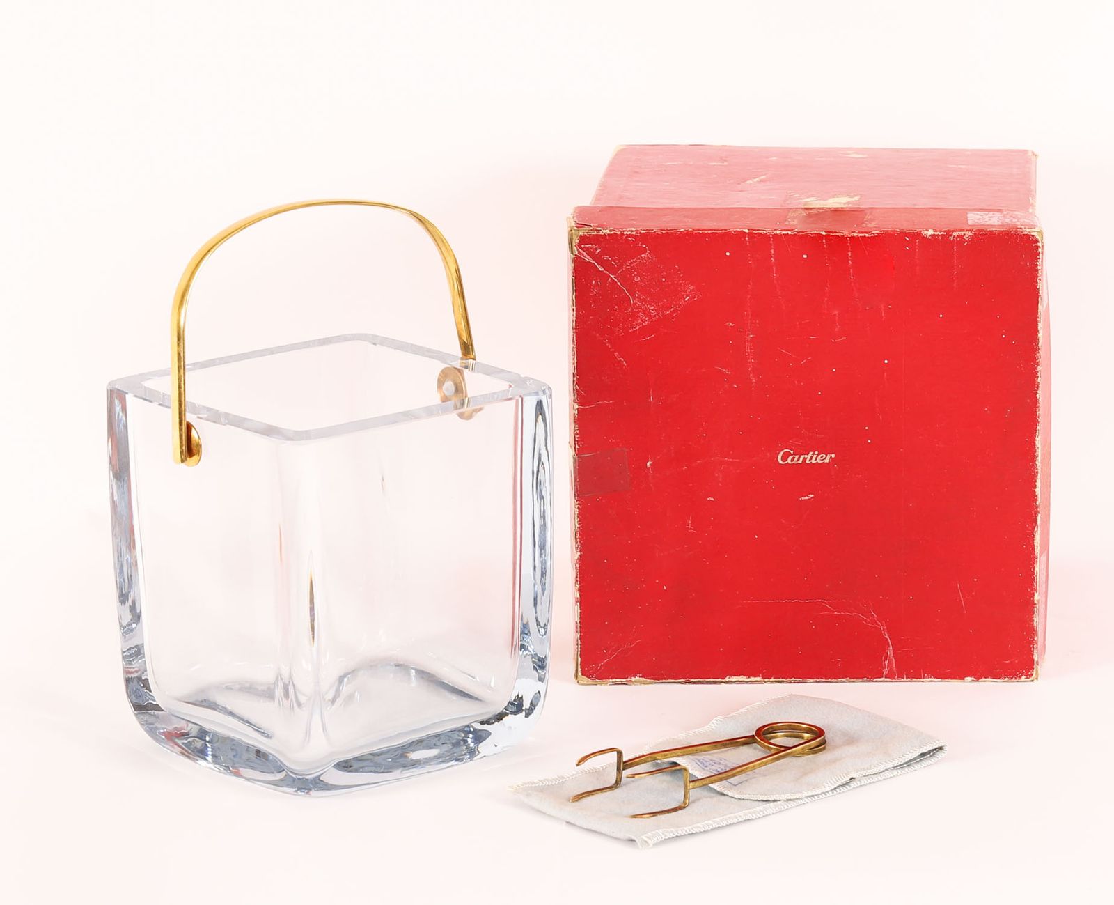 Vintage Boxed Cartier Crystal Ice Bucket & Sterling Silver Gilt Tongs 20th C