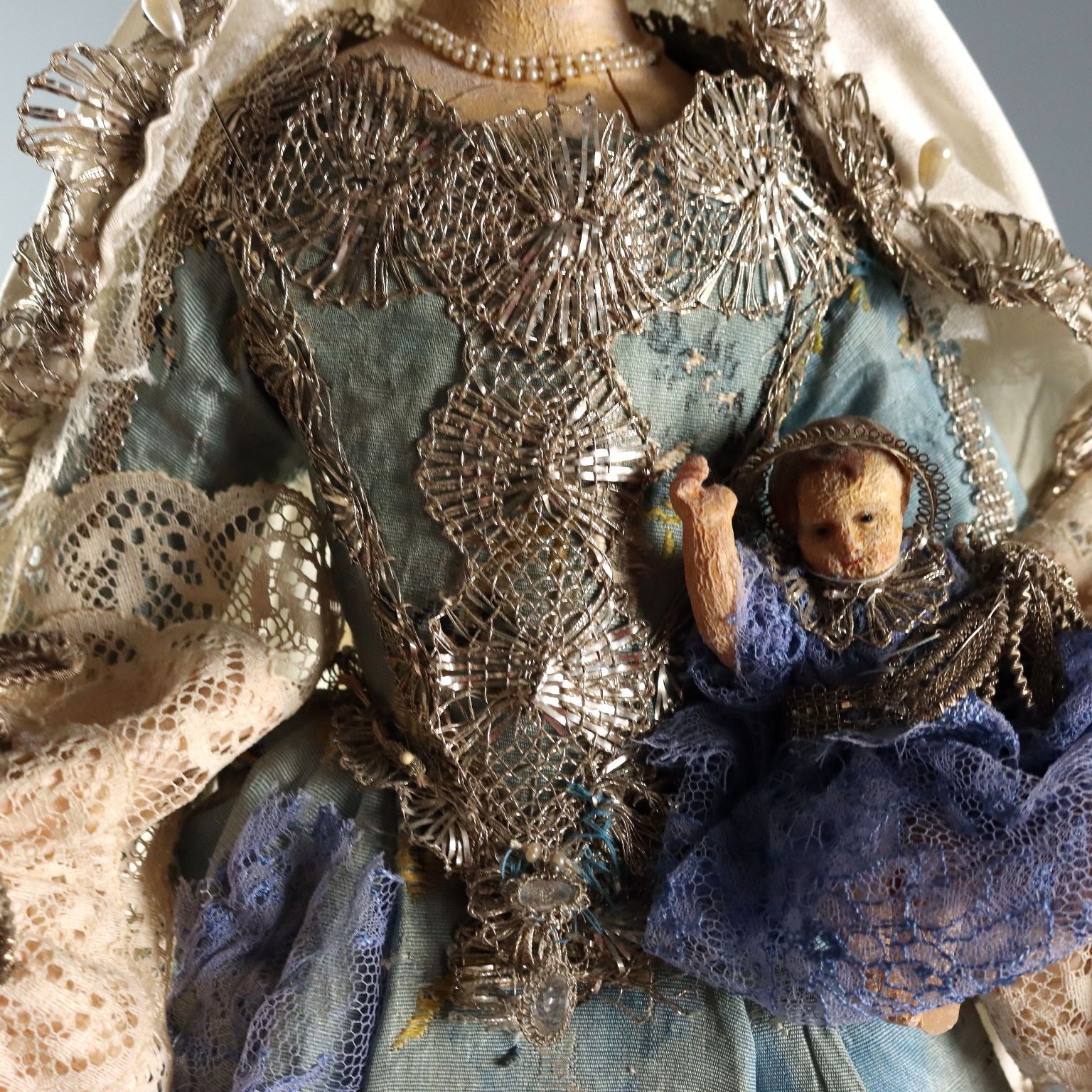 Antique Sculpture Virgin Mary With Child Wax Italy XIX Century photo 440.0