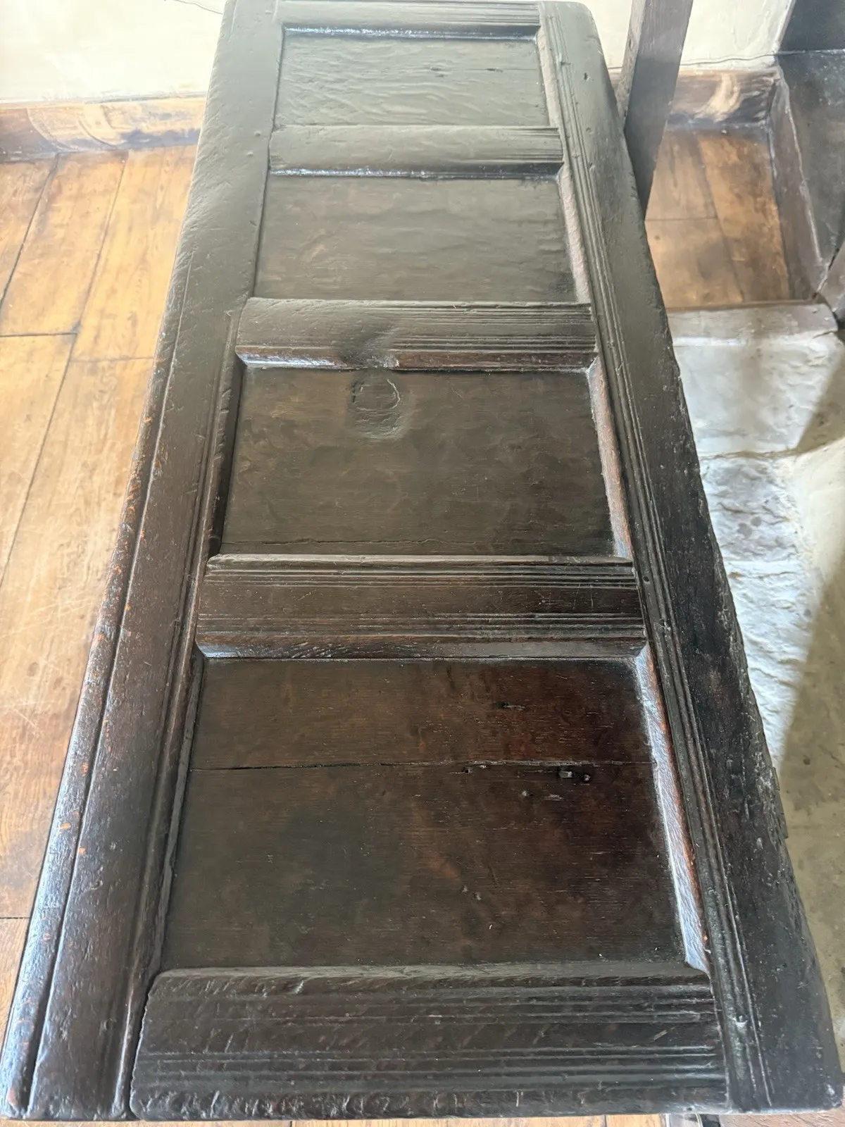 photo for sale English Substancial Heavy Large Antique Oak Panelled Chest Coffer Circa 1600's