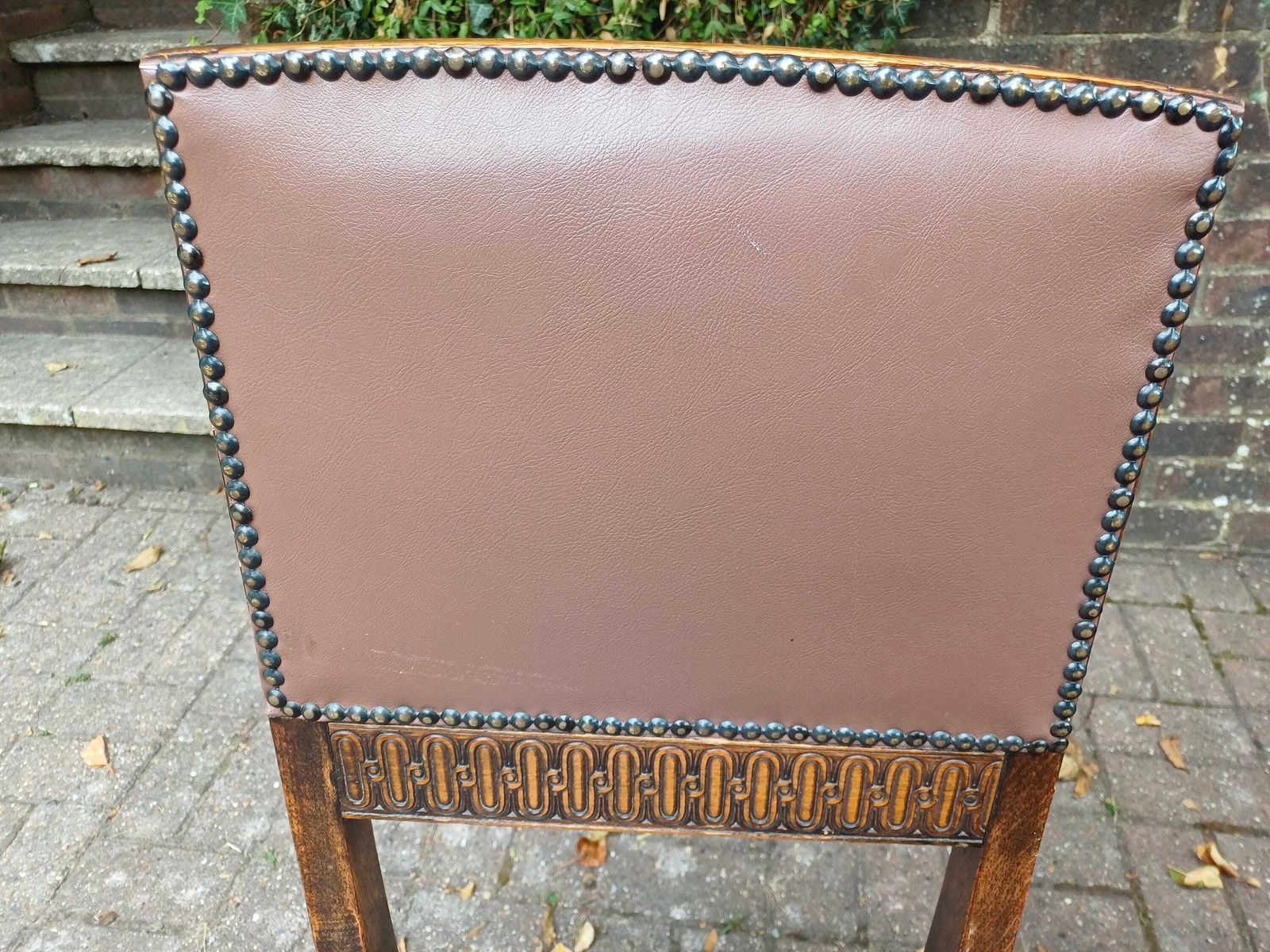 Set Of 4 Antique Oak Dining Chairs With Carved Backs & Studded Faux Leather Seats Early 20th Century Arts And Crafts Style photo for sale